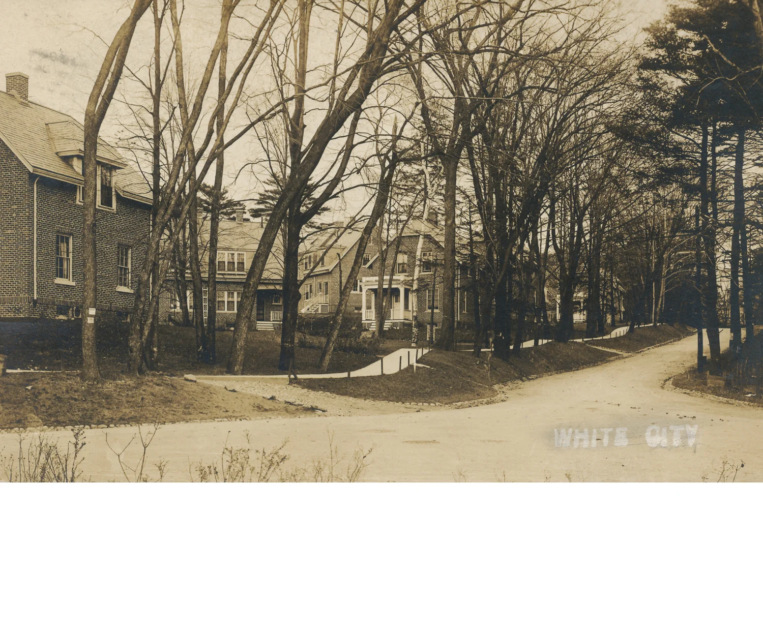 In 1914, four apartment buildings covered with light stucco were erected on Hyde Park Ave far South of the train station. The complex was called "White City" in emulation of the World's Columbian Exposition a decade earlier. The name was later borrowed by the White City Food Store and the White City Cleansers (sic) on the corner of Hyde Park Ave and Eldridge Road, thus putting the "White City" name on two large signs visible even to those whizzing by on Hyde Park Ave. White City came to be regarded as a section of Forest Hills, but not a separate section of Jamaica Plain. Its borders were seen as Walk Hill Street, Hyde Park Ave and St. Michael's Cemetery. The area now thought of as "Woodbourne" was contained within. Photographic postcard held in Jamaica Plain Historical Society archives. Download 92mb .tif file. Caption courtesy of Wikipedia.