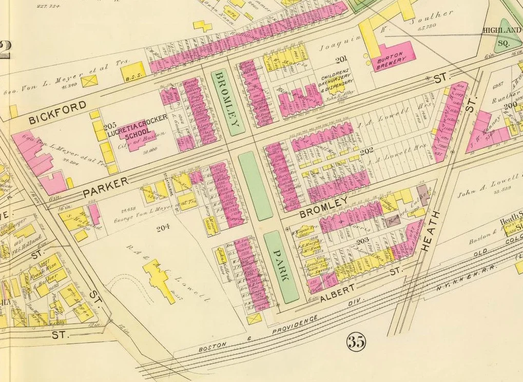 Bromley Park was intended to accommodate six blocks of small townhouses surrounding a common garden area. Planned by John Amory Lowell and built between 1871 and 1873, the design sought to integrate natural, open spaces with dense urban housing. Map from the 1895 Atlas of the City of Boston, Boston proper and Roxbury by G.W. Bromley & Co. Courtesy of The David Rumsey Map Collection.