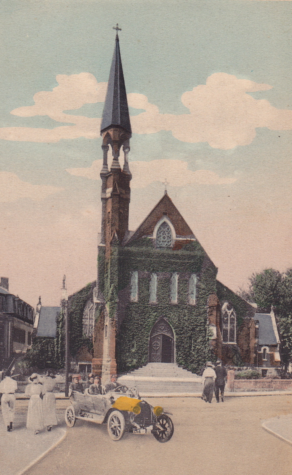 The original St. Thomas Aquinas Church designed by P.C. Keely. From a postcard, about 1915. Courtesy of the Archives of the Archdiocese of Boston.