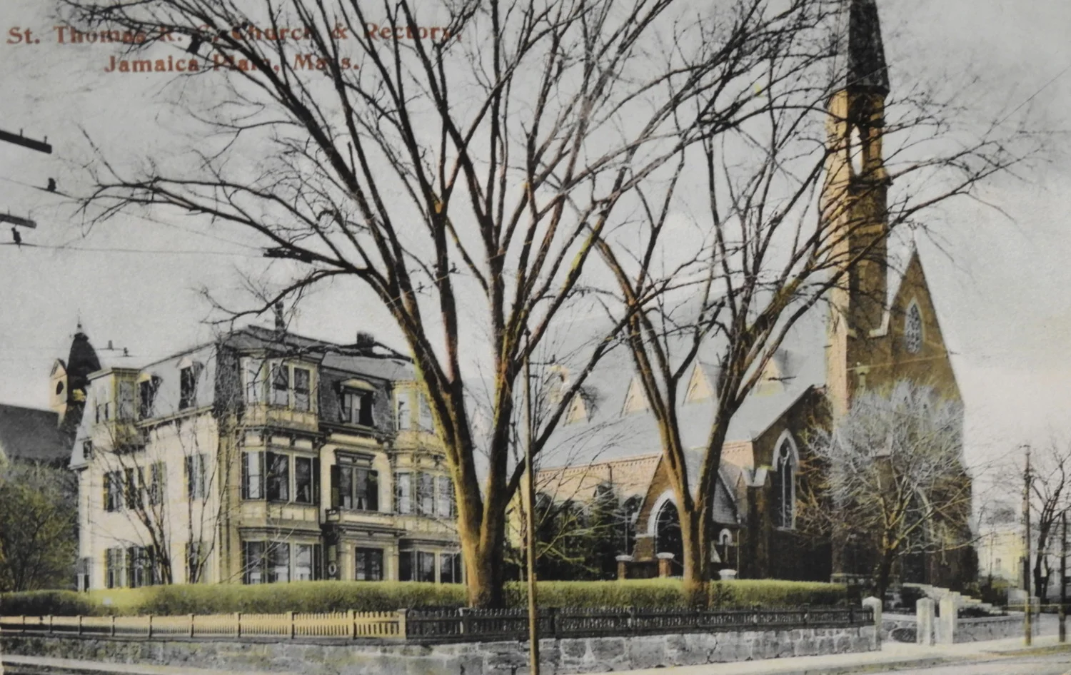 Rectory and Church about 1910 with Pope Leo XIII School in the background. Postcard from the Archives of the Archdiocese of Boston.
