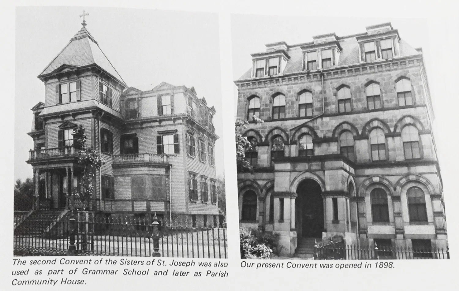 The Convent, showing the 1886 wood-frame enlargement on left and the 1898 stone addition on right. From Centennial History of St. Thomas Aquinas Church, 1969. Archives of the Archdiocese of Boston.
