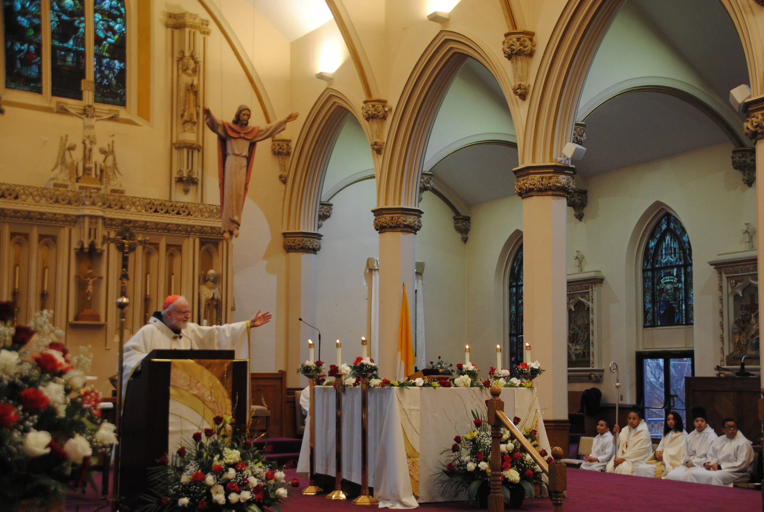  Sean Cardinal O’Malley speaks to the congregation at the 150th anniversary mass on Nov. 24, 2019.  Photograph by Richard Heath.    