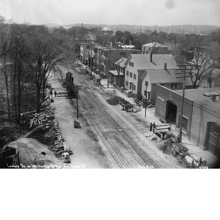  Looking southwest in 1906 down Washington Street from Green Street. Excavations are underway for the construction of the elevated railway (the old Orange line) that will run down Washington Street. An enlargement from this image also appears on this