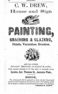 Advertisement for C.W. Drew, house and sign painting store, from Boston City Directory from 1873.