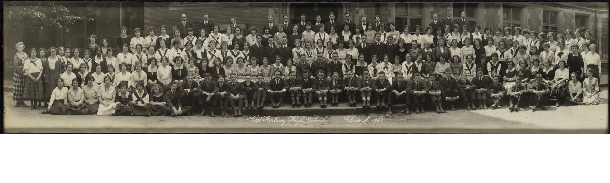  The West Roxbury High School class of 1921.&nbsp; West Roxbury High School was located at 76 Elm St. in present day Jamaica Plain. You may also  download  a high-resolution version of this photograph. Courtesy of Edward Barrett. 