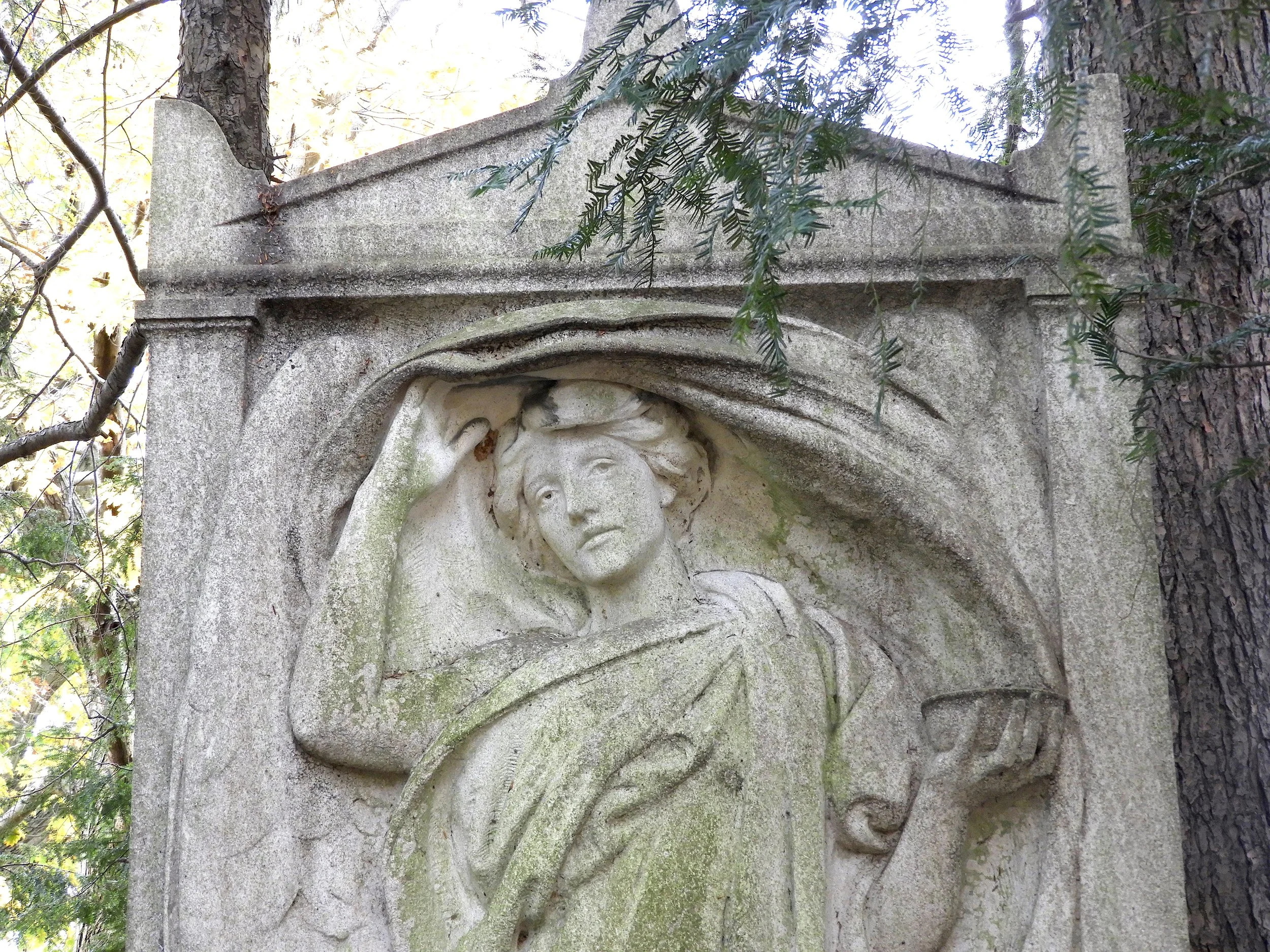 Sculptor Evelyn Longman and the Slocum Monument at Forest Hills Cemetery