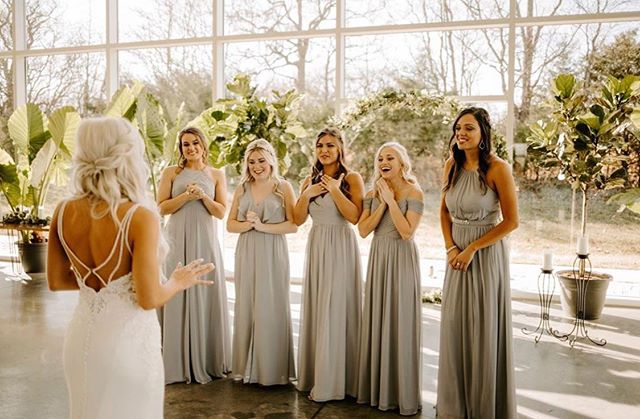 What a beautiful moment captured by @abigailderrickphoto of Katie&rsquo;s bridesmaids seeing her for the first time 💚💚💚