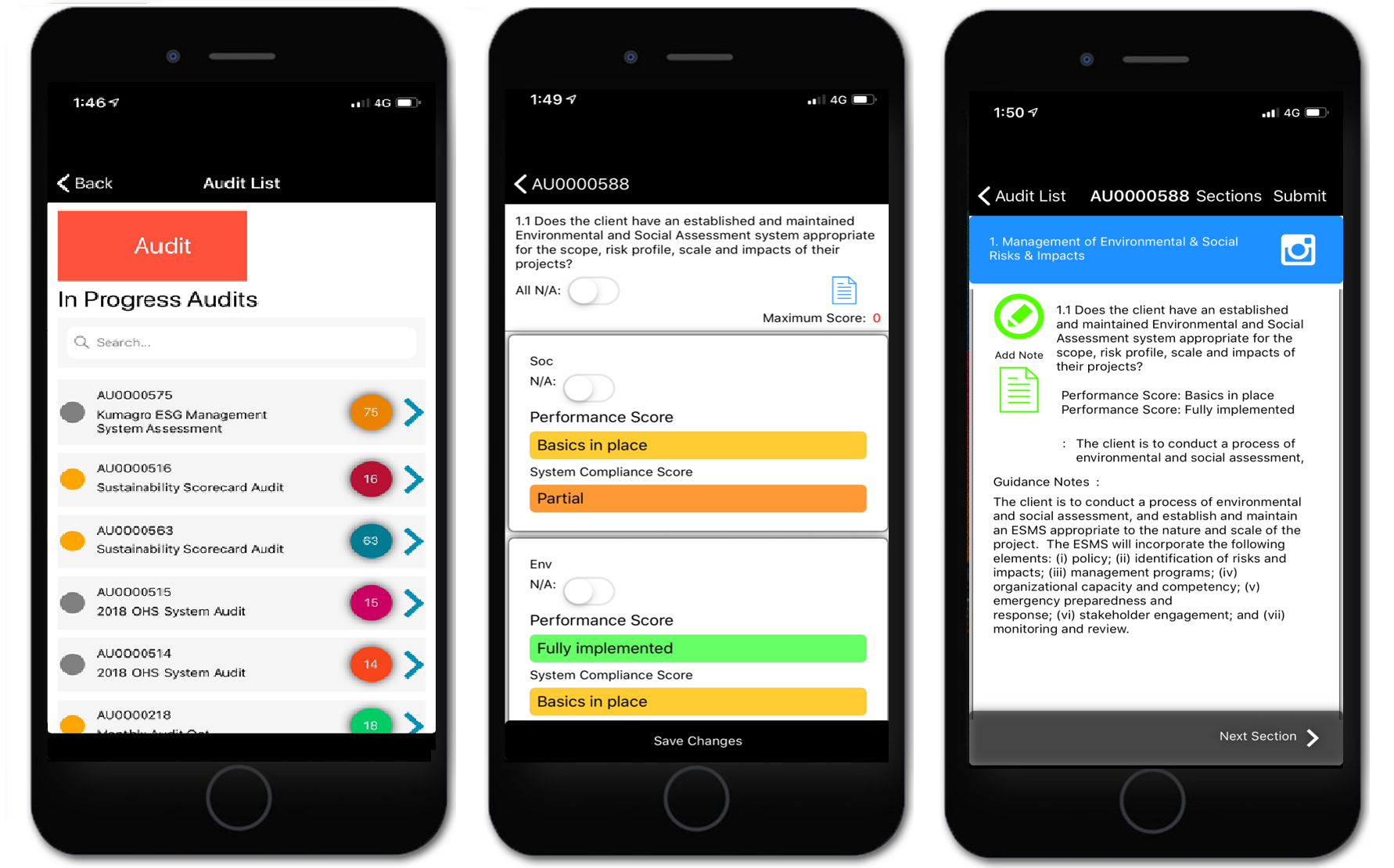 Smart Phone Online or Offline Audit Completion Auditors can complete their audits online using their PC or Tablet, and online or offline with their smart phone using the iSystain App. Audit completion involves reading audit criteria, assessing compliance, selecting scores, adding supporting notes, and attaching files and photos as relevant.