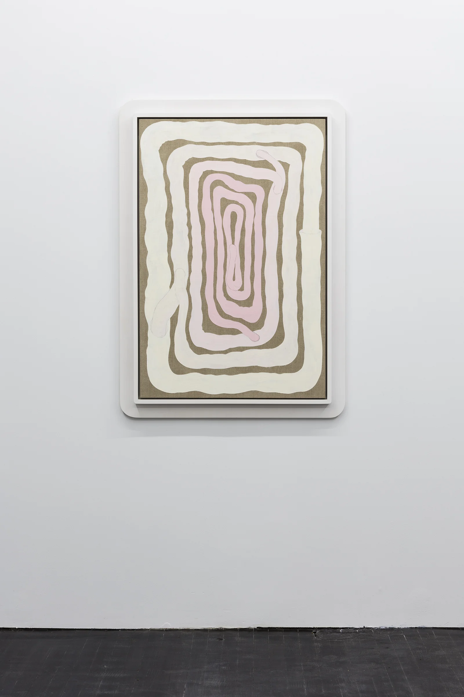 JULIAN HOEBER Spiral Floorplan (2015) flashe and acrylic on linen with artist's frame 48x34.5”