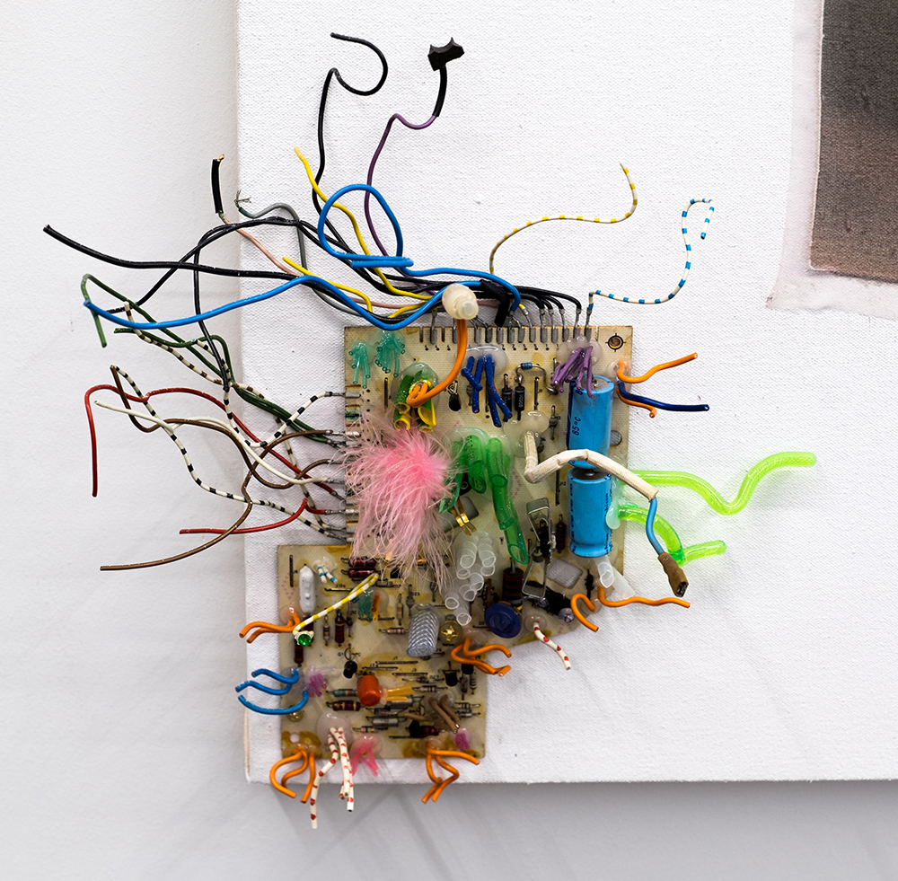 Lukas Müller Micromégas (Ioana I) , 2018 (detail) found/altered materials and synthetic silk inkjet print on canvas 42 x 52 in LM1007