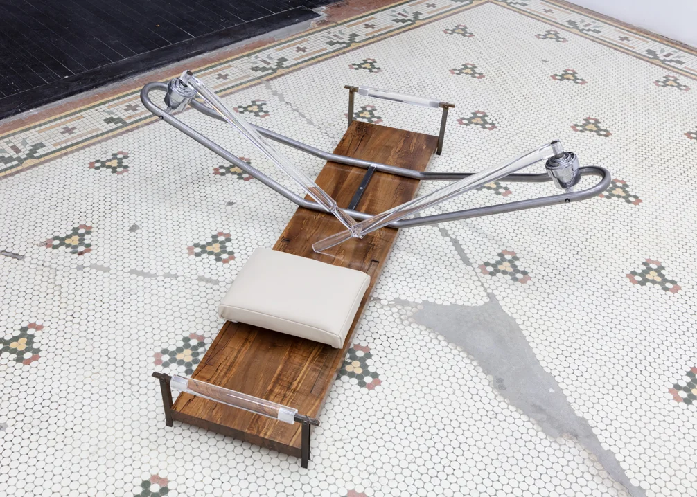 rowing machine , 2018 found parts, acrylic, spalted maple, iron, steel, cast plaster, bearings, leather 55.5 x 54 x 16.5 in KO1006