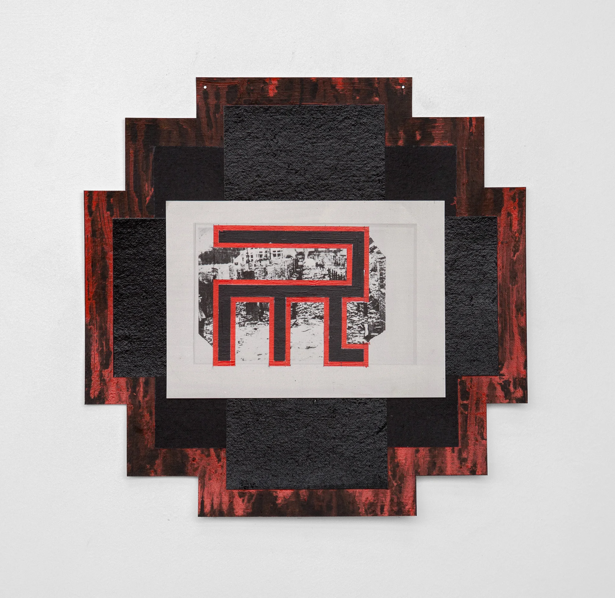  Darja Bajagić  Strange symbol near Ugljevik , 2019 acrylic, graphite, inkjet print on card stock, canvas, paper 12.25 x 12.25 in (31.12 x 31.12 cm) #DB1033 