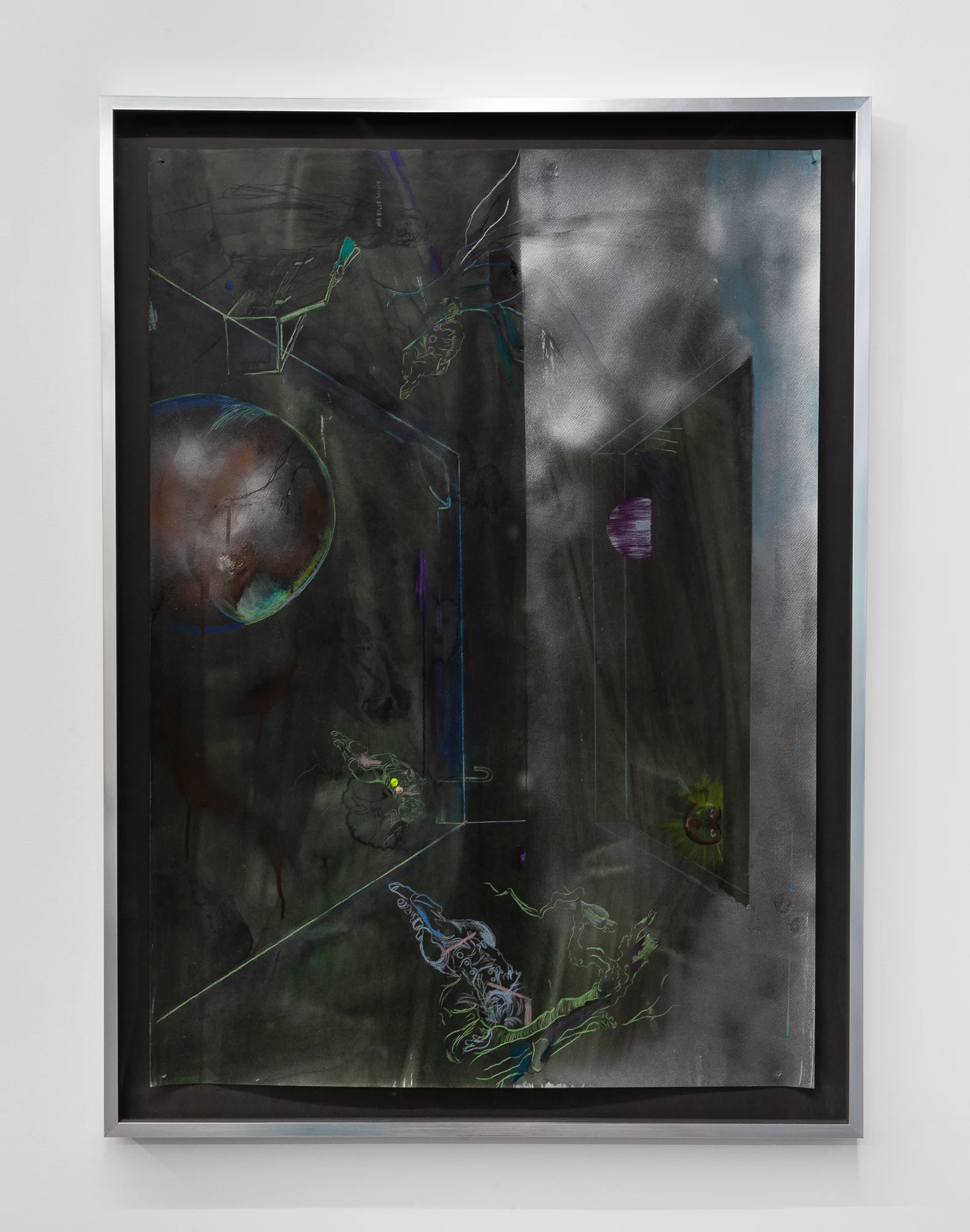   Sleeping Clowns​ , 2019 Sumi ink, spray paint, watercolor pencil, and gouache on paper (framed) 45.5 x 33.5 in (115.57 x 85.09 cm) #SH1002 