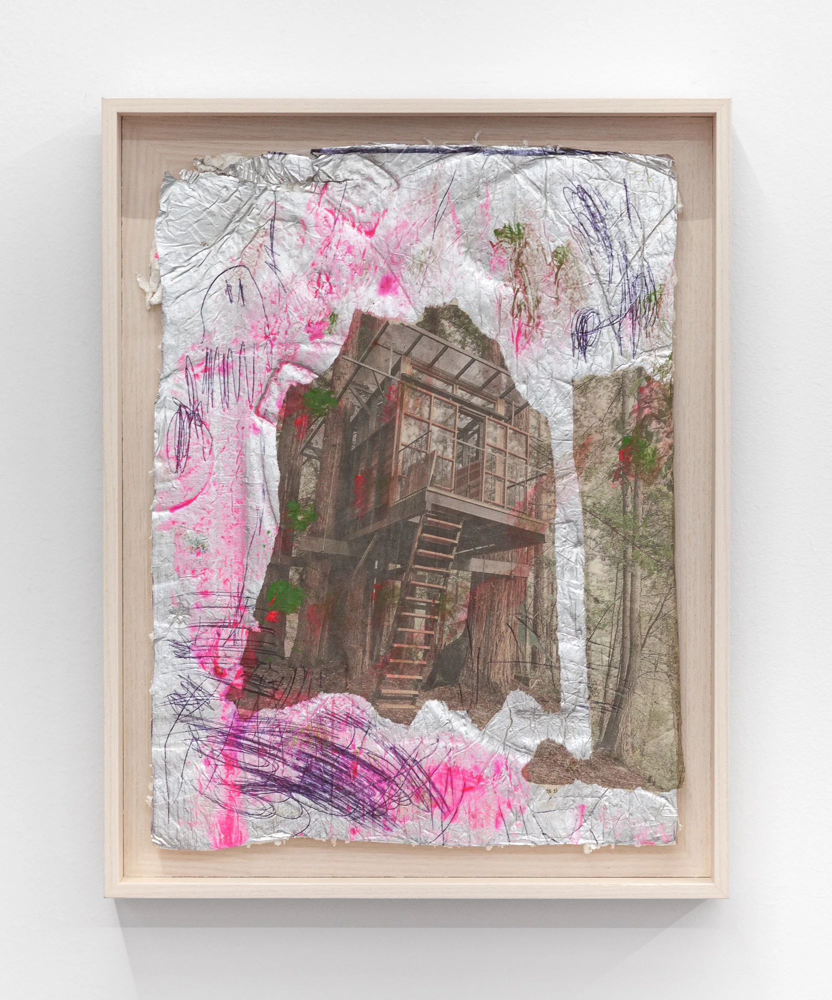   No Shower , 2019  collage, oil stick, pen, and marker on mylar-coated styrofoam 13 x 10 in (33.02 x 25.4 cm) #JPW1016 