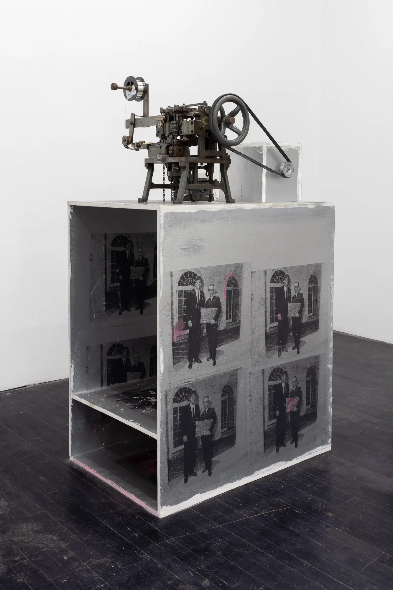   The Link , 2019 enameled and screen-printed plywood, 3-phase motor with variable frequency drive, single-cable chain machine, wiring, chain, sterling silver wire 24 x 36 x 52 in (60.96 x 91.44 x 132.08 cm) #JPW1024 