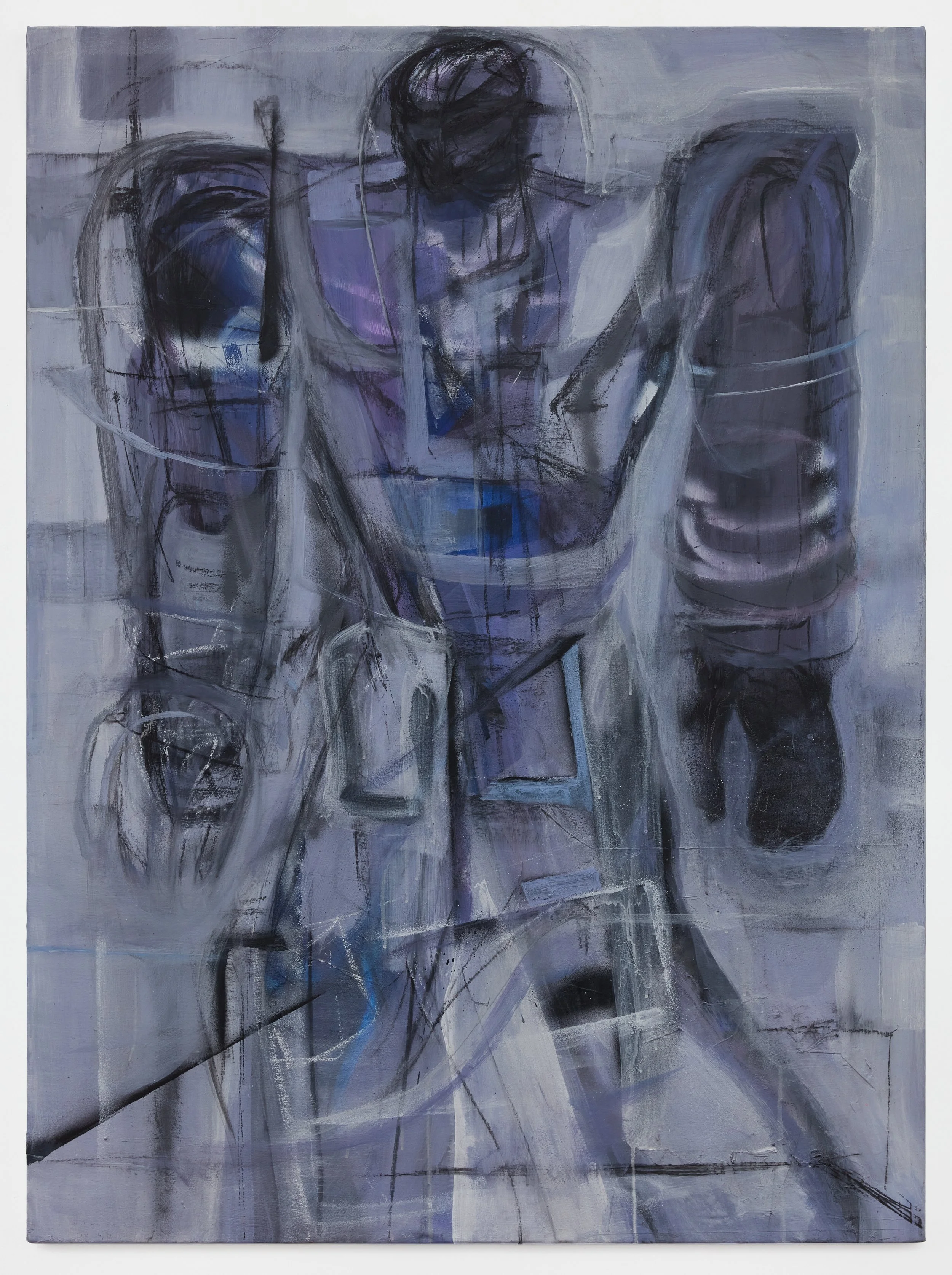 Fortress (2025), acrylic, spray paint, and charcoal on canvas, 54 x 40 in. (137 × 102 cm)