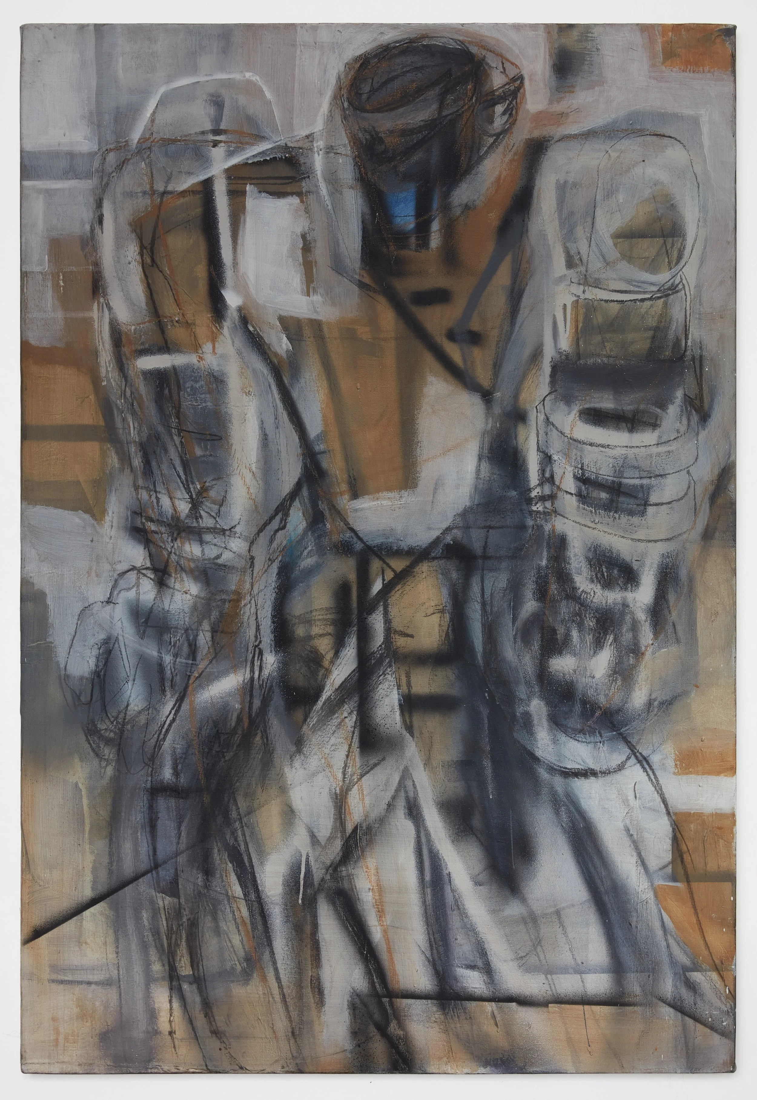 Seraph (2025), acrylic, spray paint, and charcoal on canvas, 56 x 38 in. (142 × 97 cm)
