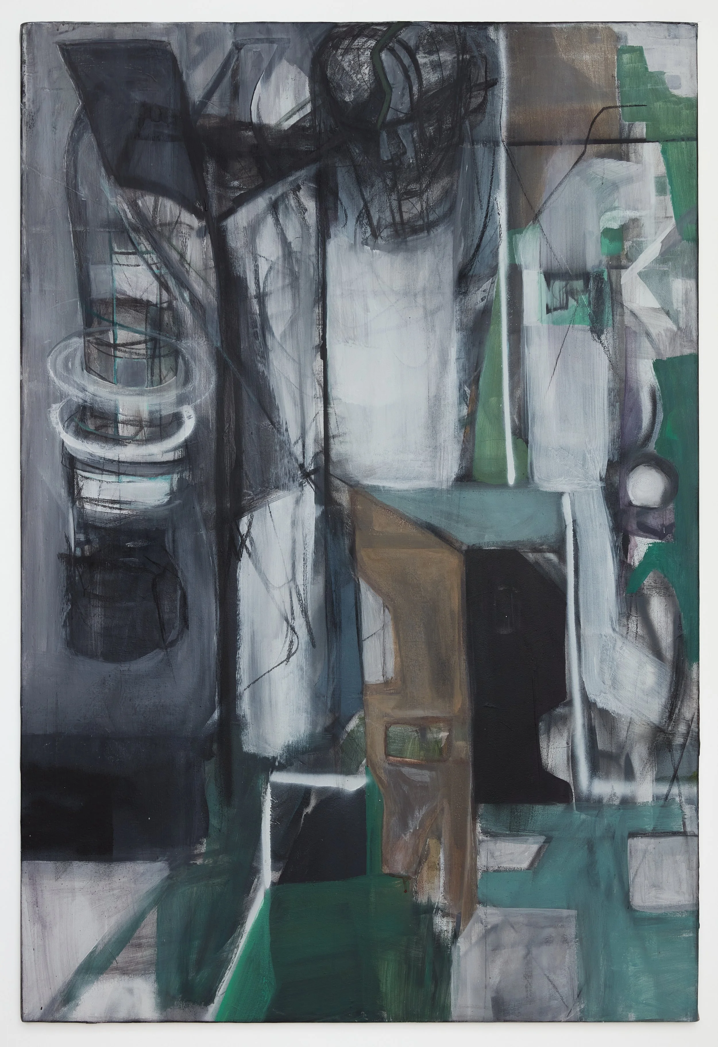 Tumulus (2025), acrylic, spray paint, and charcoal on canvas, 62 x 42 in. (157 × 107 cm)