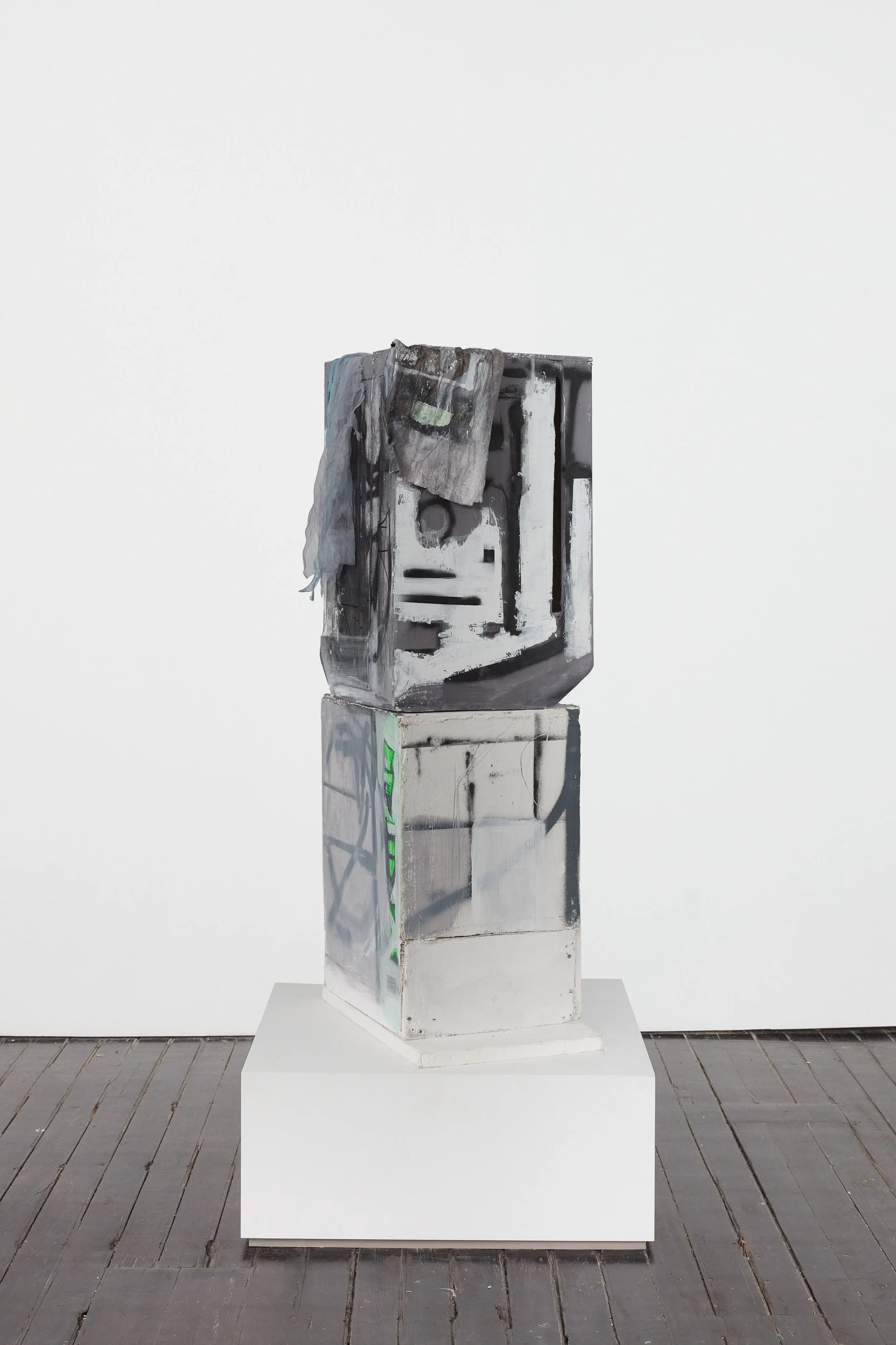 Antiquity (2025), wood, plaster, slaked lime, conté crayon, spray paint, charcoal, silver foil, marble dust, silk, rayon, and ink, 50 × 21 × 14 in (127 × 53 × 34 cm)