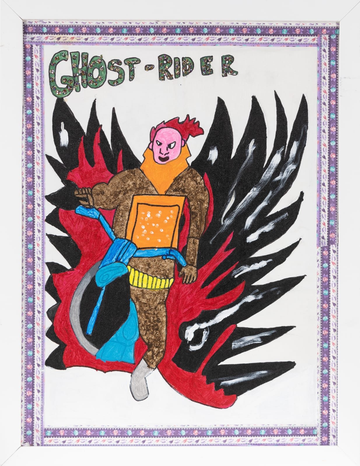  Christina Zion  Red Skull on a Motorcycle. Ghost Rider. , 2017 Acrylic, graphite, colored pencil, glitter, and fabric on board 24 x 18 in. (61 x 45.7 cm) 