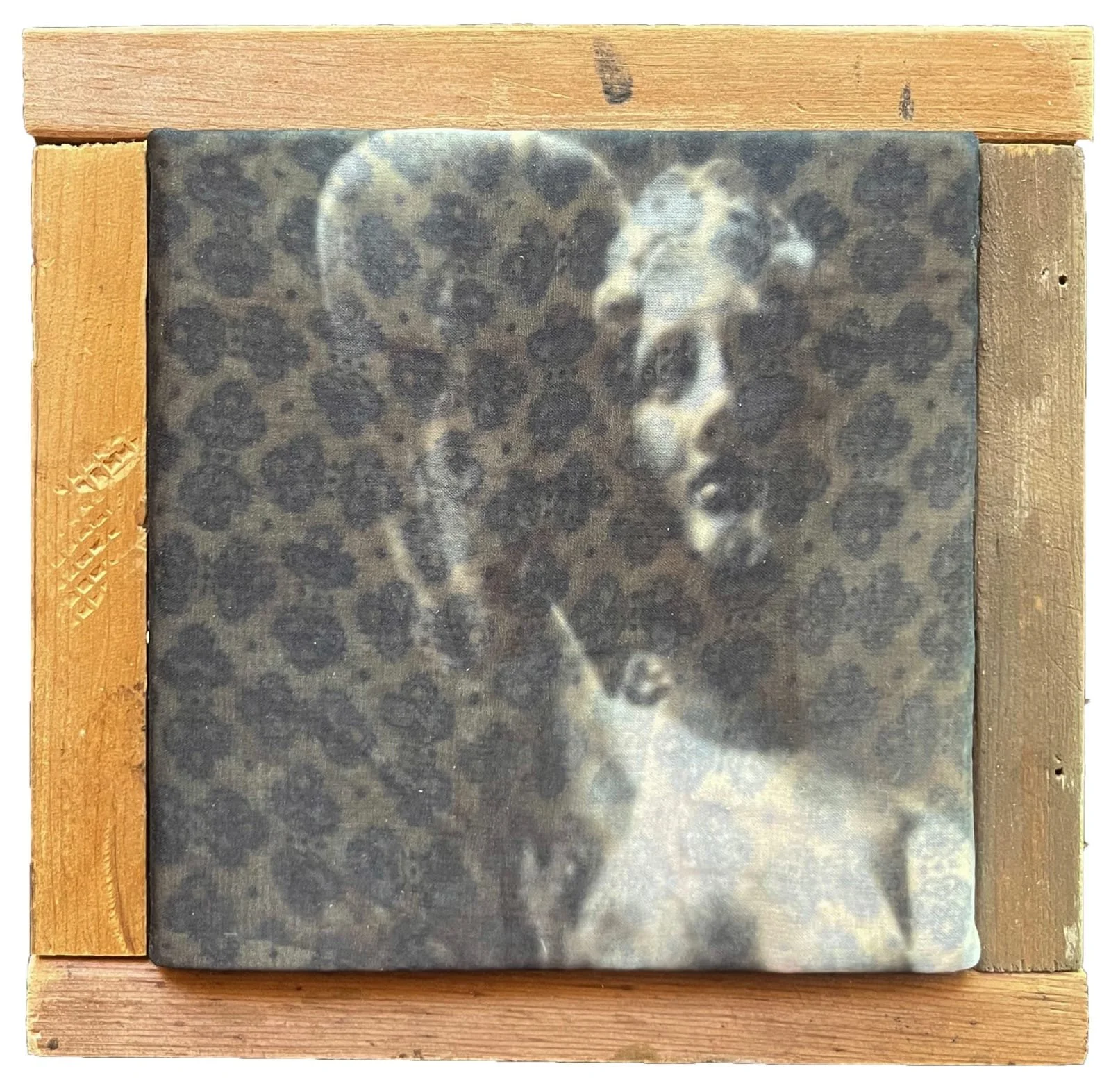  Maeve Coughlin  Untitled Studio Sketch , 2024 Sublimation print on chiffon, wood from a children’s dresser, hardware 7 x 7 in. (17.8 x 17.8 cm) 