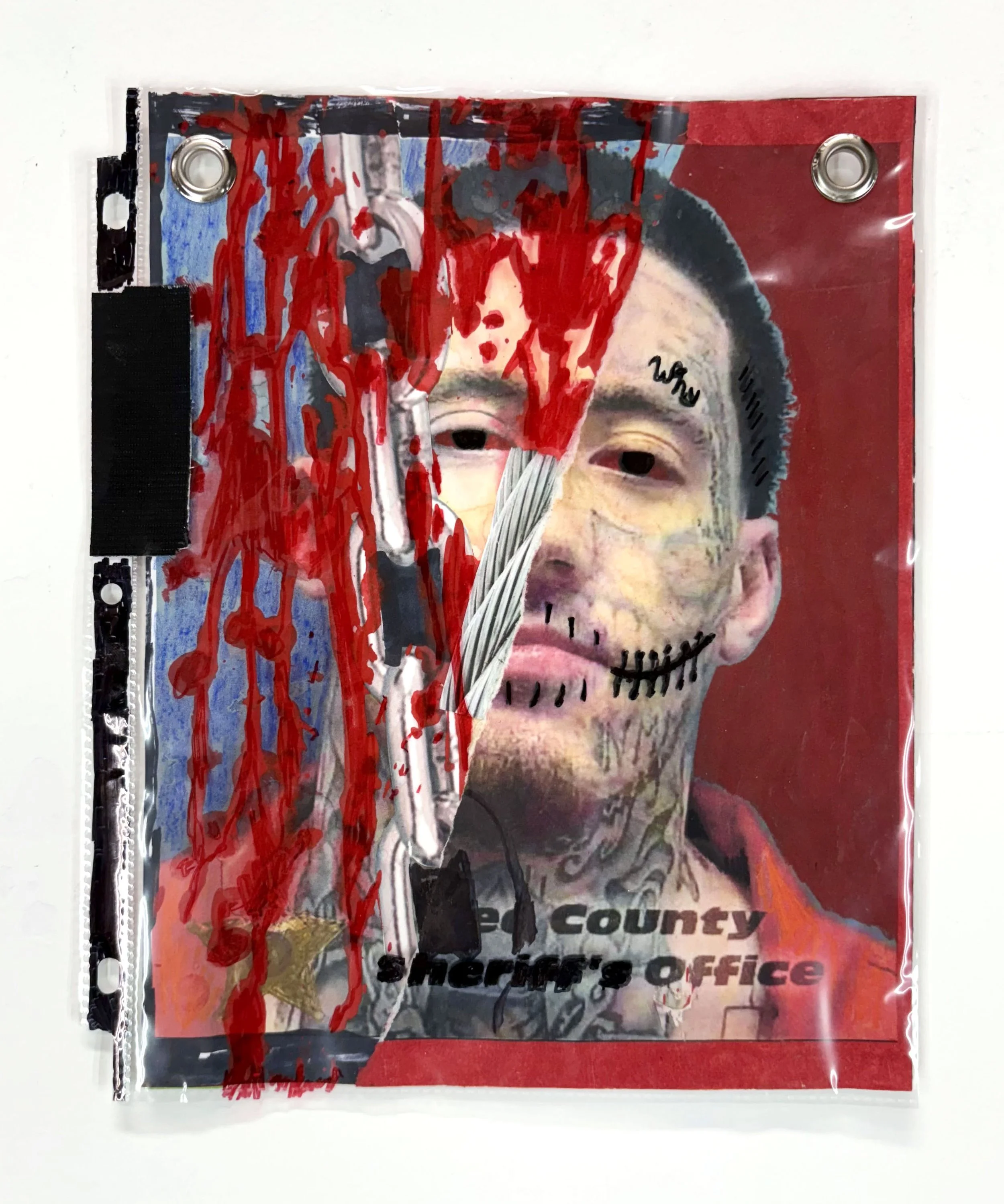  Maxwell Volkman  Leatherface , 2025 Acrylic, inkjet prints, cut paper, colored pencil, and marker on paper in plastic sleeve embellished with marker, duct tape, and grommets 11 x 9 in. (27.9 x 22.9 cm) 