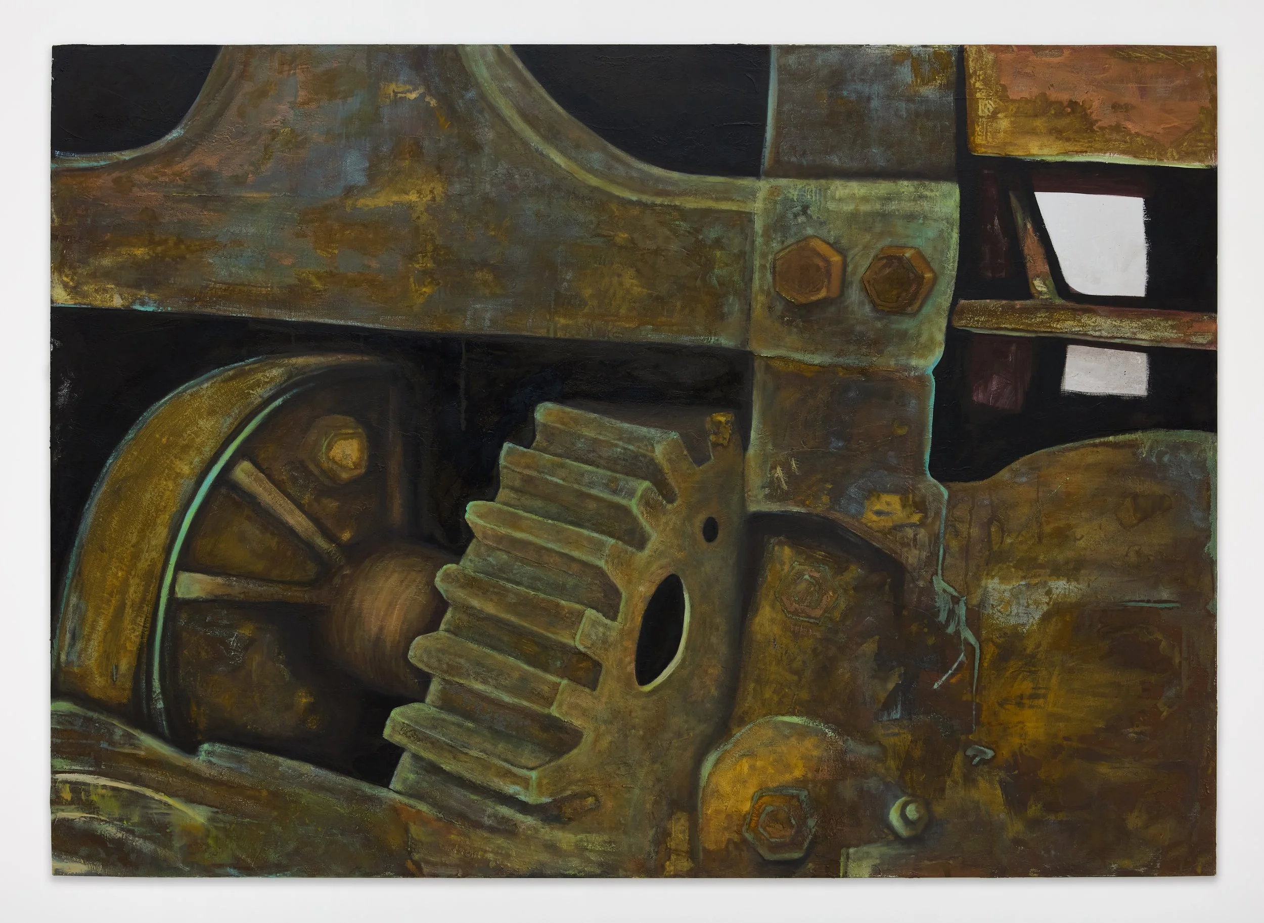  Marika Thunder,  Gears  (2025), metal, patina, rust, and oil on canvas, 48 x 72 in (122 x 183 cm) 