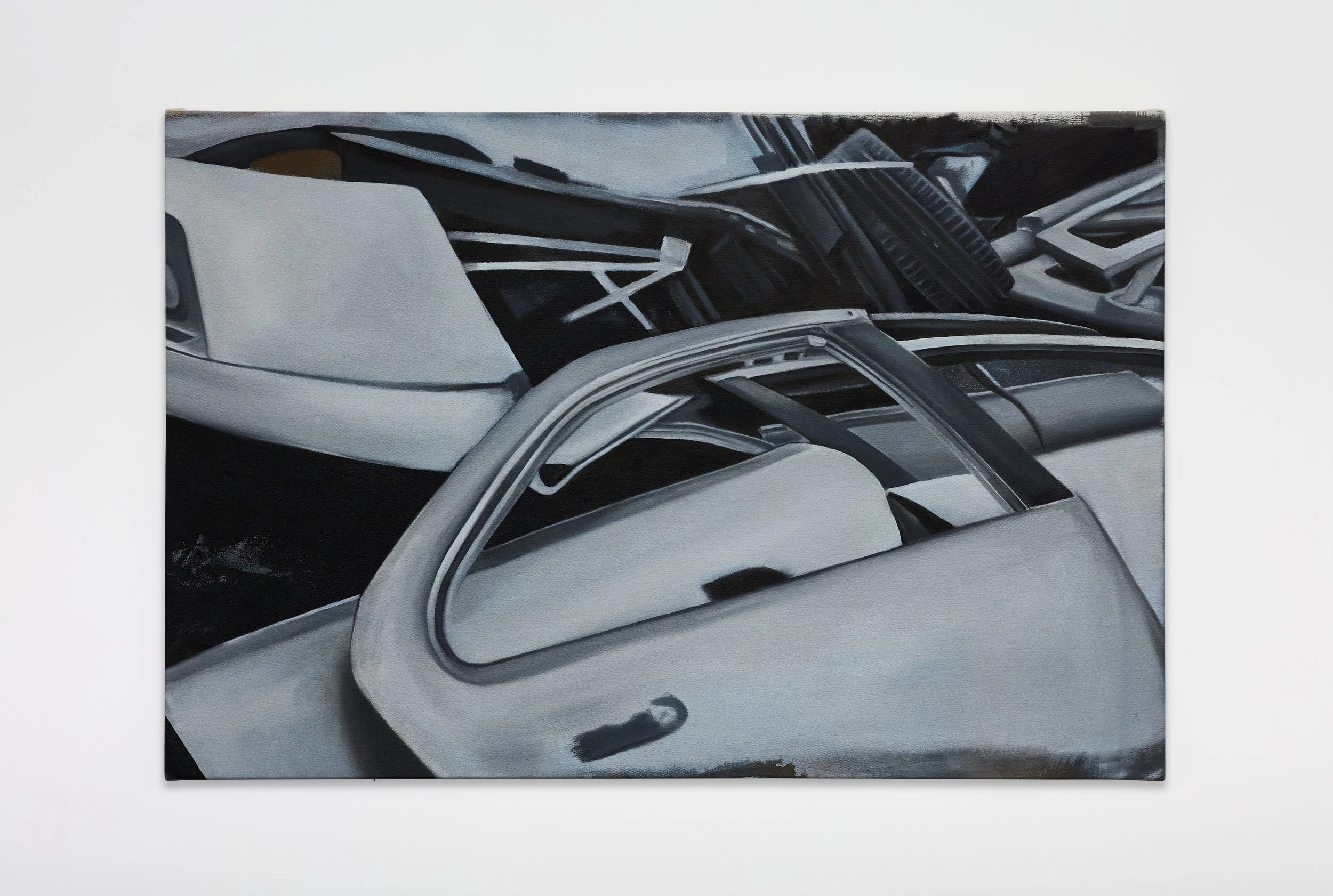  Marika Thunder,  Car Doors B&amp;W  (2025), oil on canvas, 24 x 30 in (61 x 76 cm) 