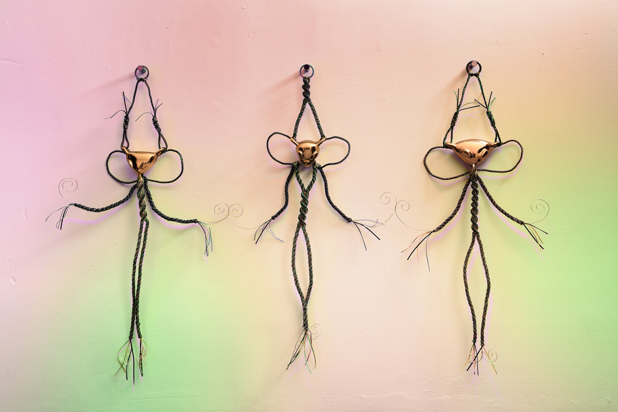   We All Are Aliens (Alien I, II, and III)  , 2026 bronze, lanyard, brass wire 29 x 9 x 2 in. (74 × 23 x 5 cm) 