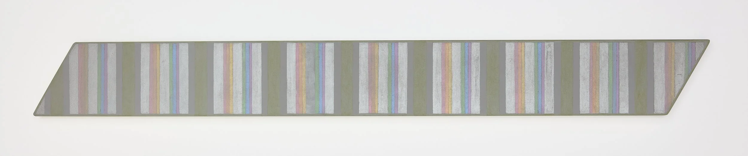   Hard Scarf - Parallelogram , 2026 acrylic interference paint on panel 6 x 53 x 2¼ in. (15 × 135 × 6 cm) 