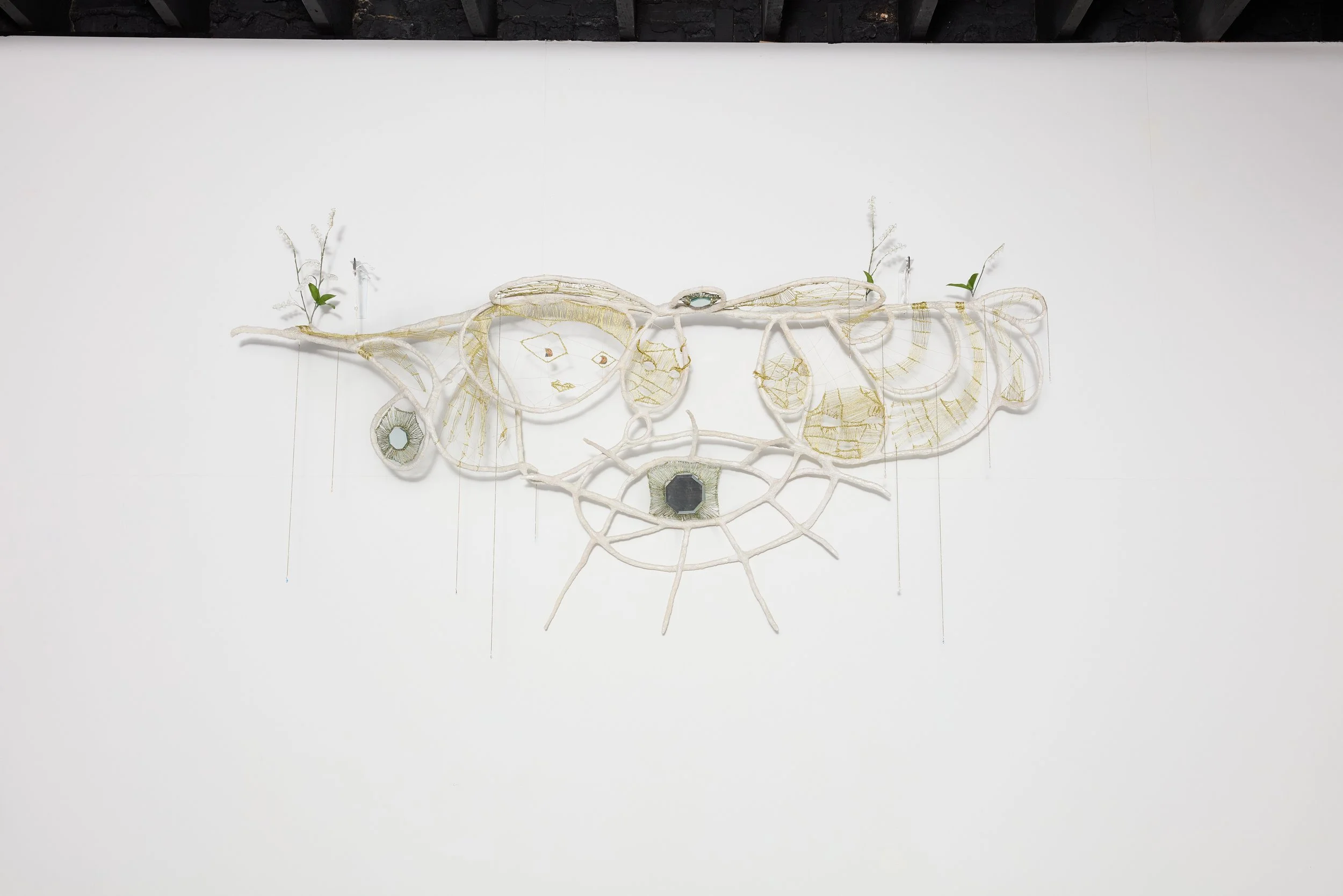   Starshine , 2026 Reeds, earrings, branches, wire, resin, mirror, crystals, lamé cord, linen cord, rope, chain, plastic flowers 85 x 35 x 18 in. (216 × 89 × 46 cm)  