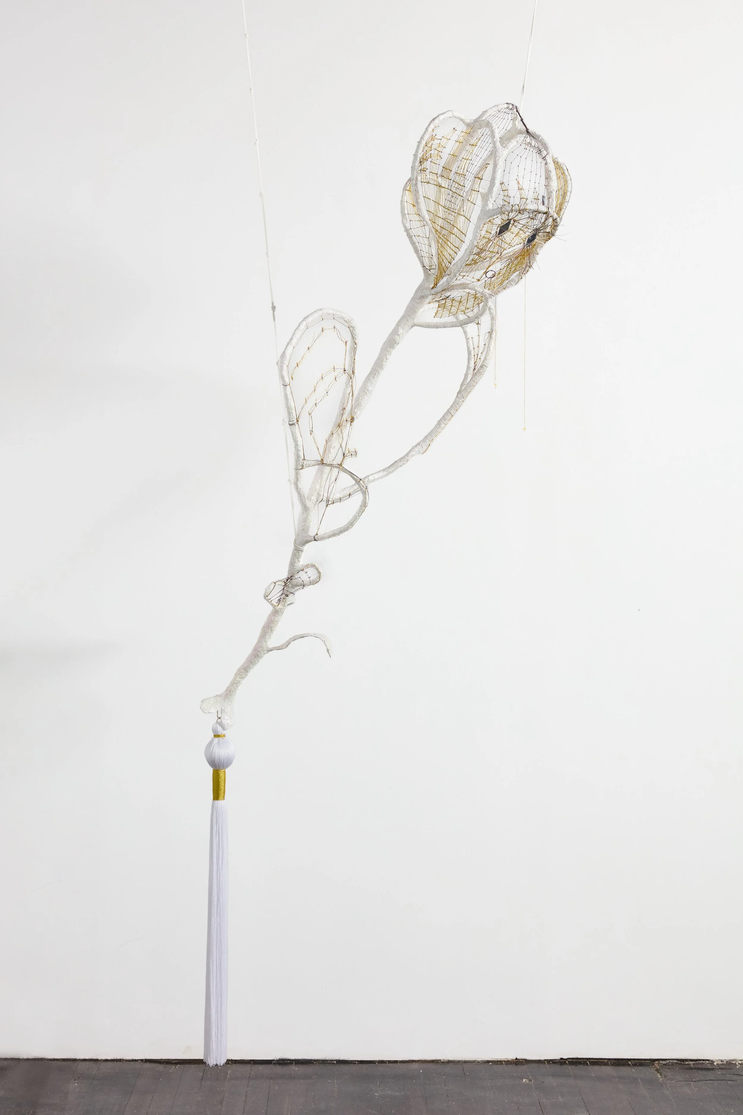   Rose Wand , 2025 Reeds, earrings, branches, wire, resin, mirror, crystals, lamé cord, linen cord, rope, chain, plastic flowers 70 x 16 x 16 in. (178 × 41 × 41cm)  