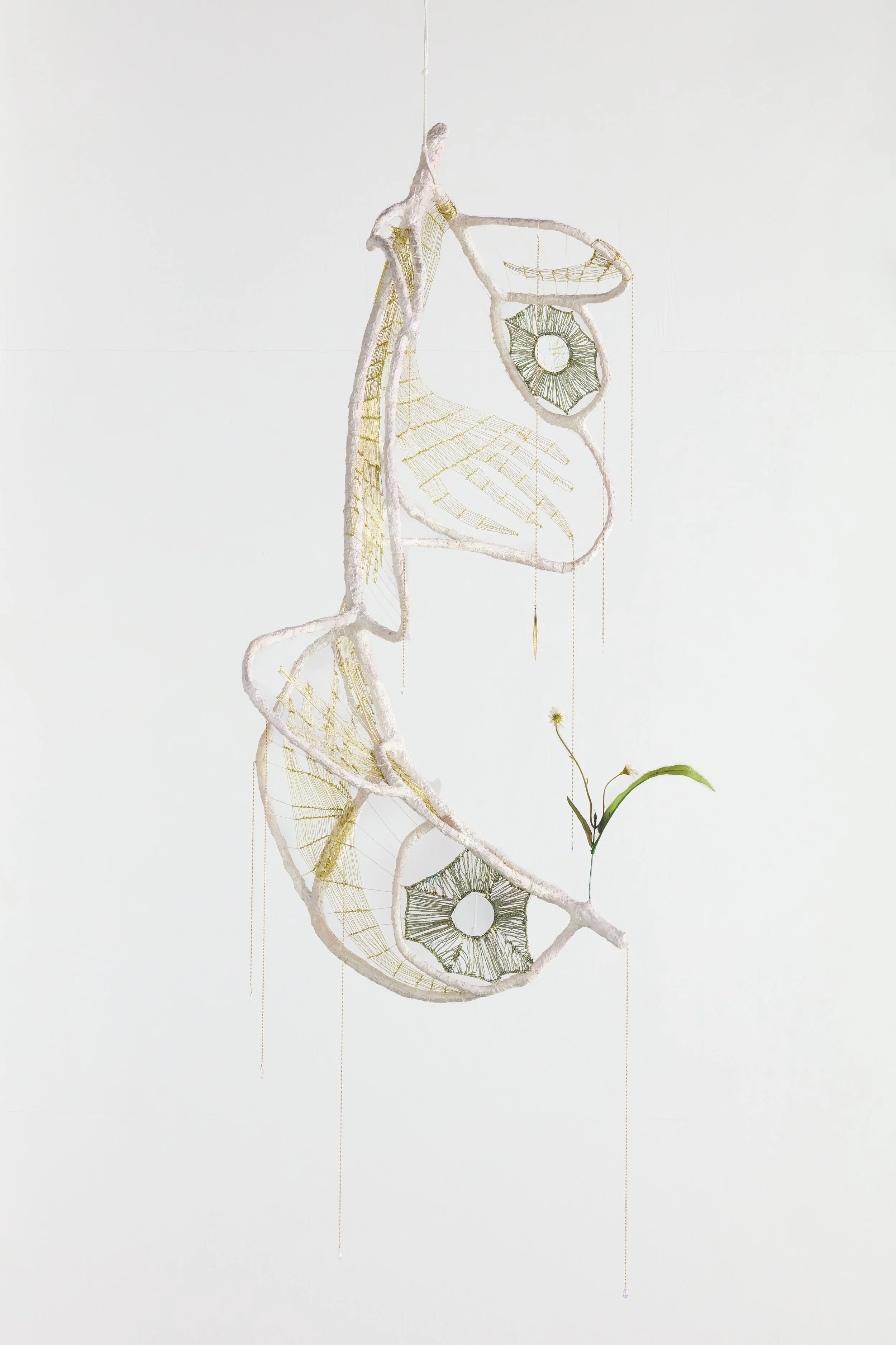   Charm  , 2022 reeds, earrings, branches, wire, resin, crystals, lamé cord, linen cord, rope, chain, plastic flowers 44 x 17 x 24 in. (112 x 43 × 61 cm)  