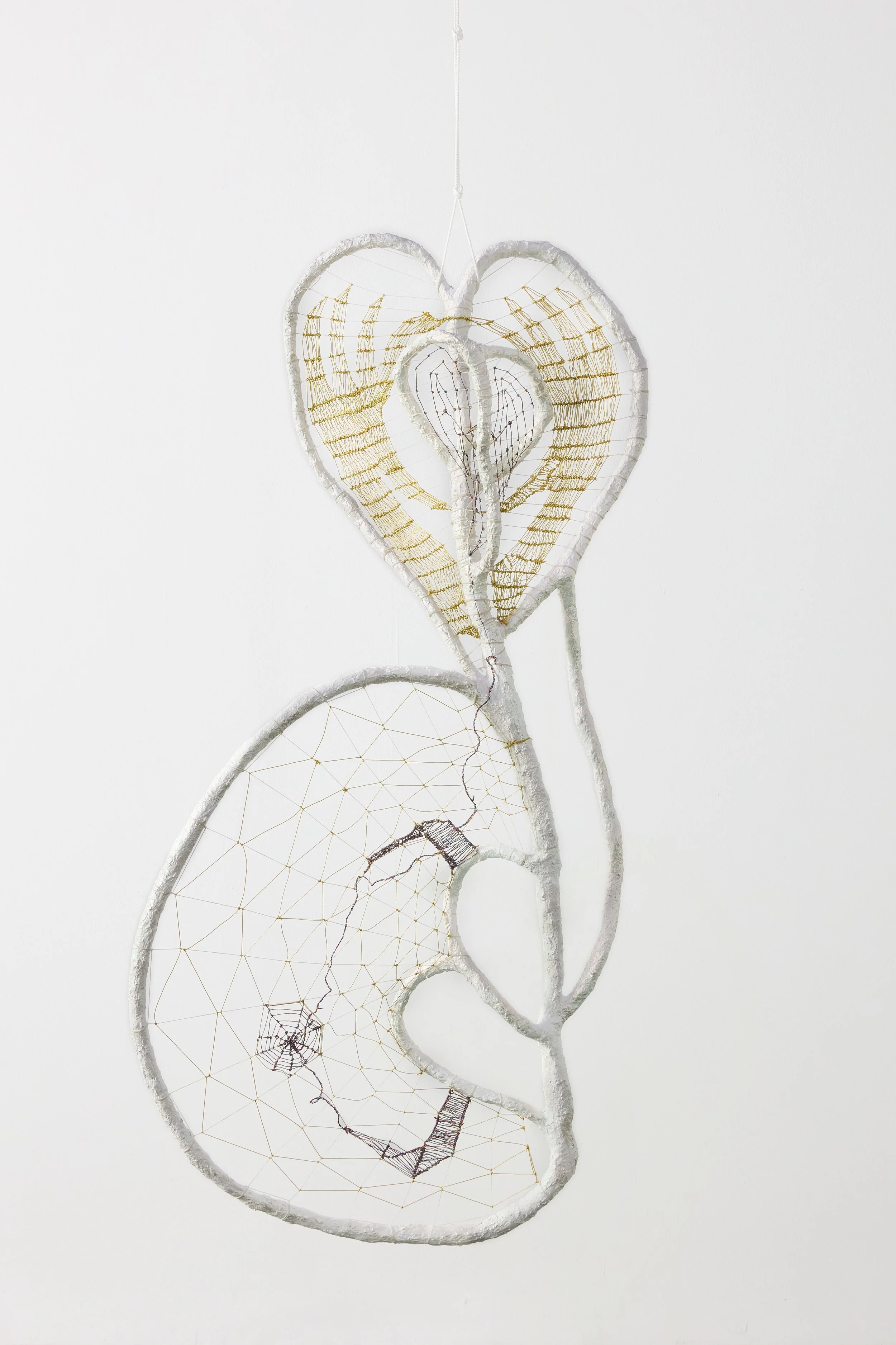   Iris Wand , 2025 reeds, earrings, branches, wire, resin, crystals, lamé cord, linen cord, rope, chain, plastic flowers 46 x 20 x 6 in. (117 × 51 x 15 cm) 