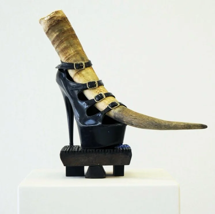  Breyer P-Orridge, ‘Shoe Horn #4’ (2014), ram horn, shoe worn by Genesis as Lady Sarah (he/r dominatrix persona), sting ray skin, ermine fur, bone, Nepalese fabric-printing square, brass netting, copper ball, 9 x 9 x 8 in. (23 × 23 x 20 cm) 