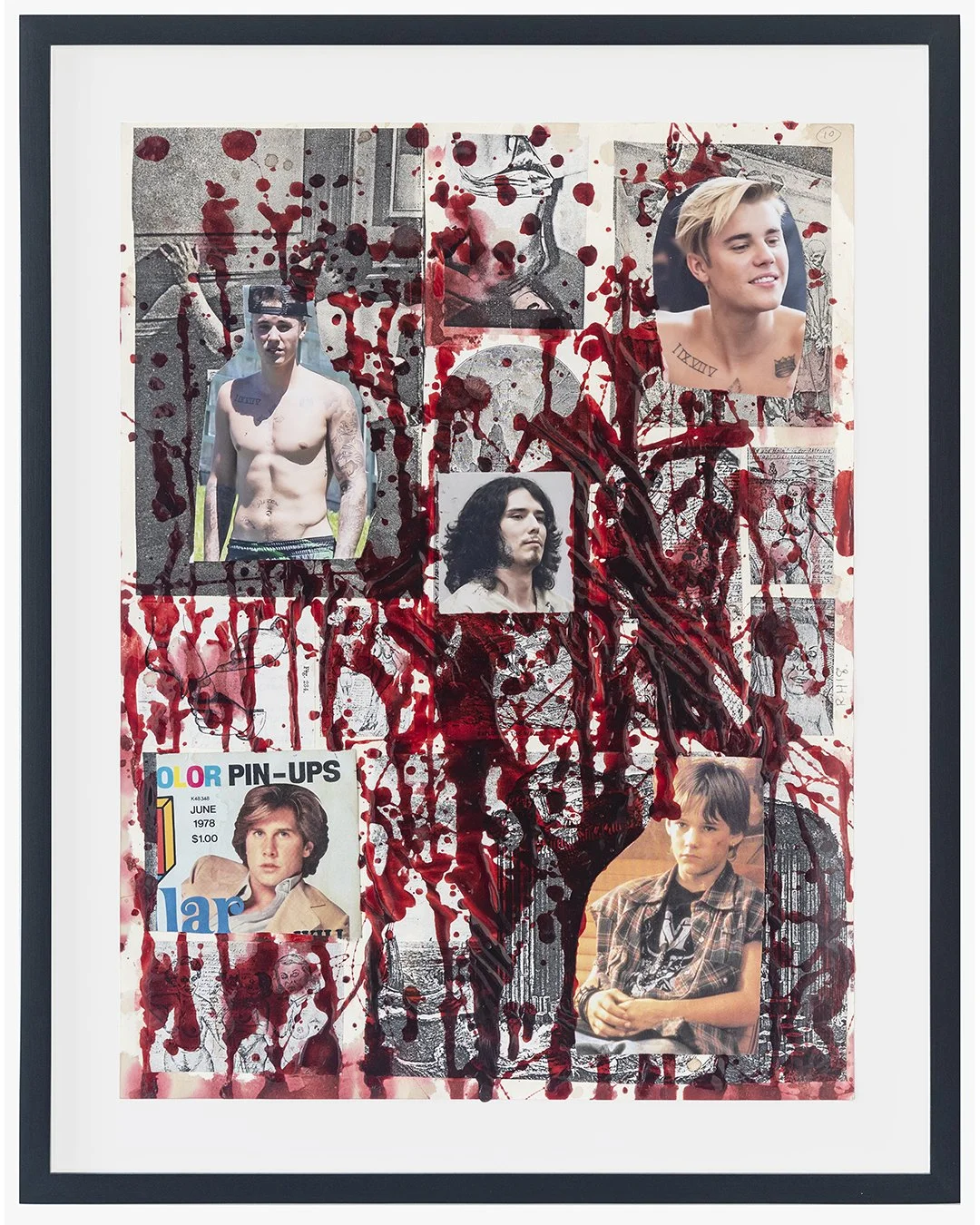  Richard Hawkins, ‘Collage Killer #10’ (2018), fake blood and collage on paper, 15¾ x 11¾ in. (40 × 30 cm), 18¼ x 14¼ in. 46.36 x 36.20 cm (framed)  