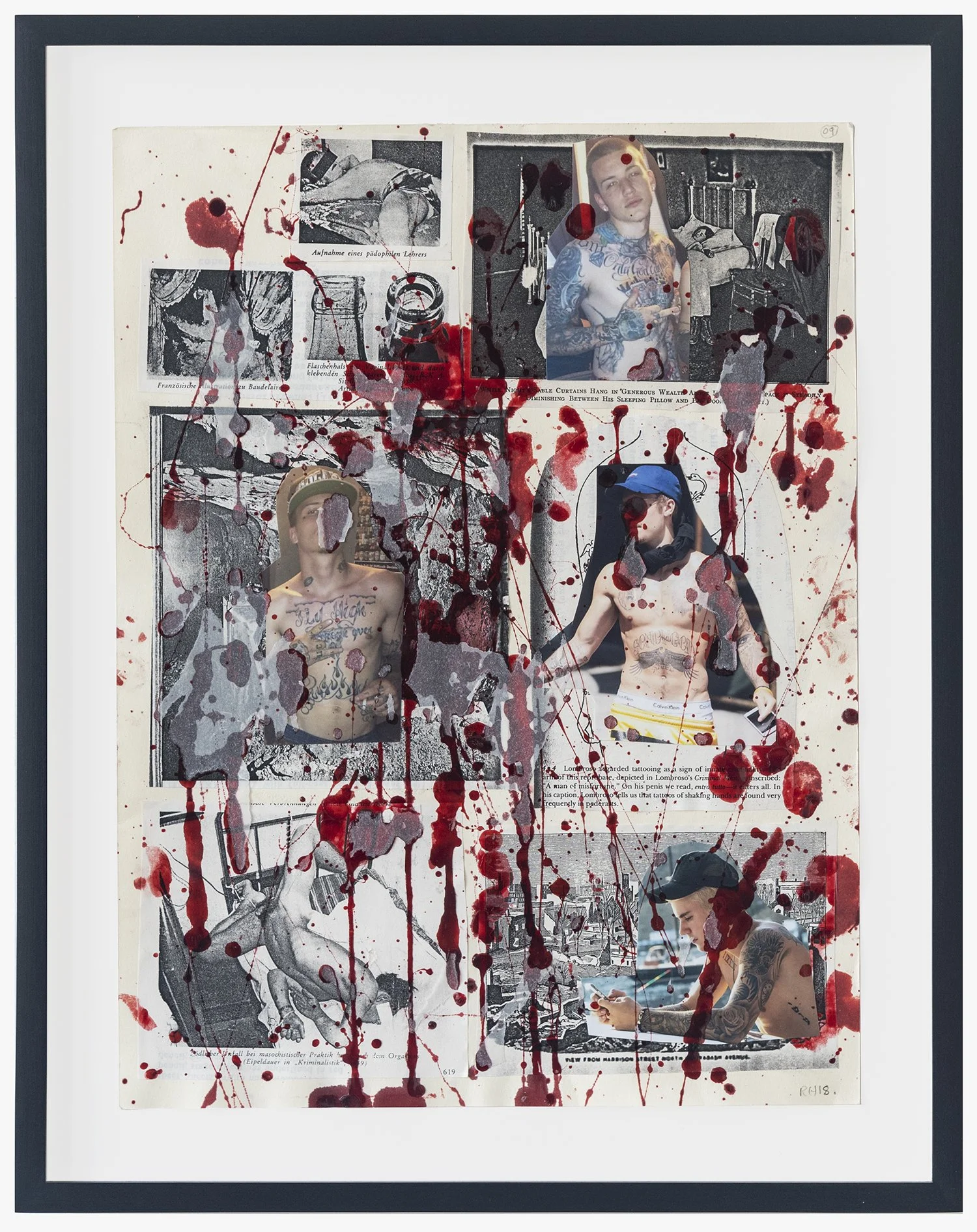  Richard Hawkins, ‘Collage Killer #9’ (2018), fake blood and collage on paper, 15¾ x 11¾ in. (40 × 30 cm), 18¼ x 14¼ in. 46.36 x 36.20 cm (framed) 