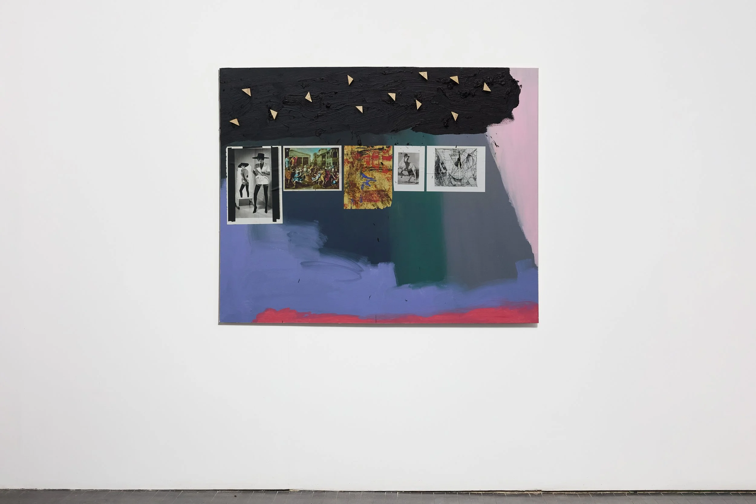   The Fool on the Hill , 2026 oil, acrylic, and collage on canvas 50 x 60 in. (127.00 x 152.40 cm) 