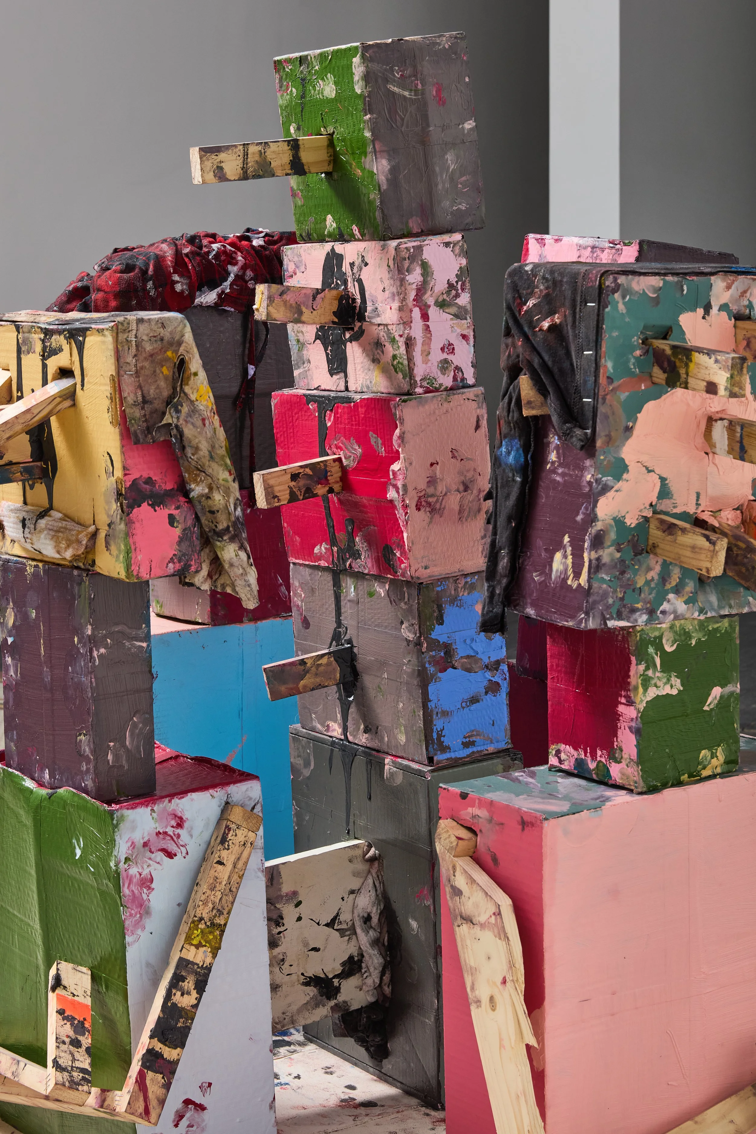   Give Me One Reason , 2025 oil paint, pine wood, cardboard, adhesive, canvas, wood pallet 50 x 32 x 52 in. (127.00 x 81.28 x 132.08 cm) 
