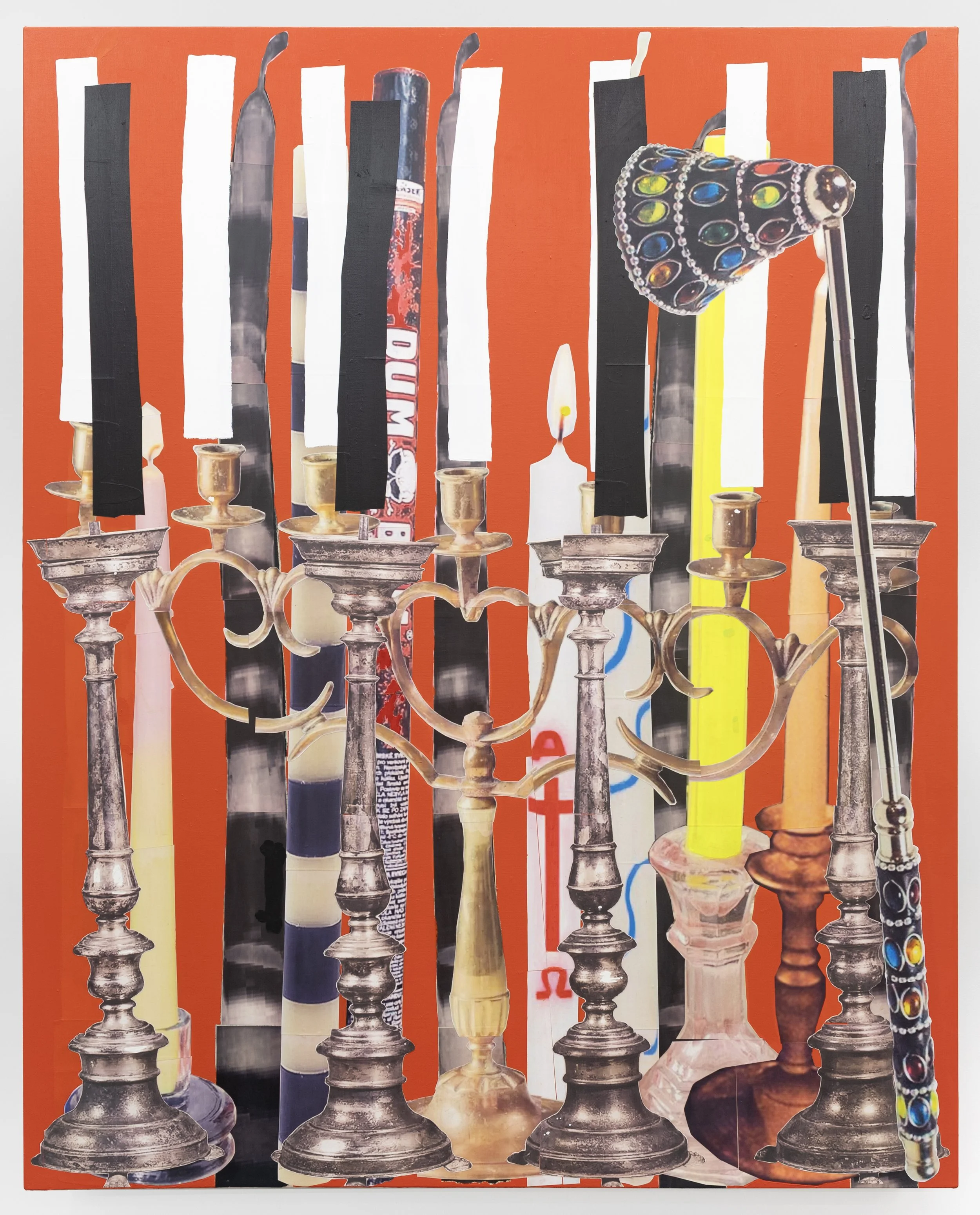   Believer NonBeliever , 2023 acrylic, inkjet prints, colored pencil, cut paper, and UV coating on canvas 59 x 47¼ in. (150 x 120 cm.)  