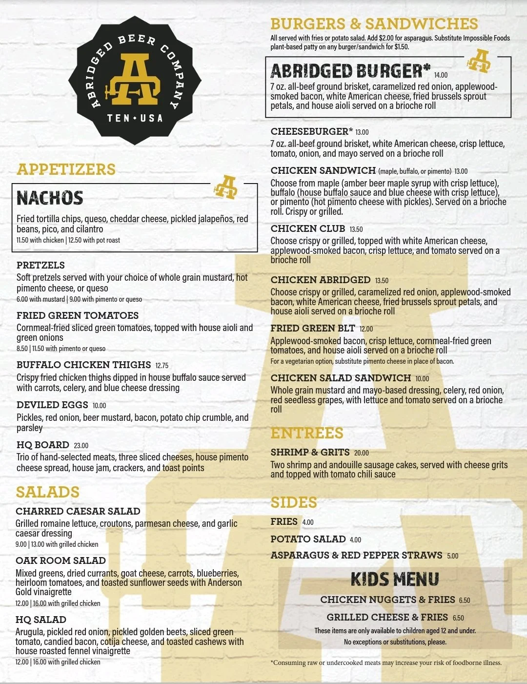 Cedar Bluff Food Menu — Abridged