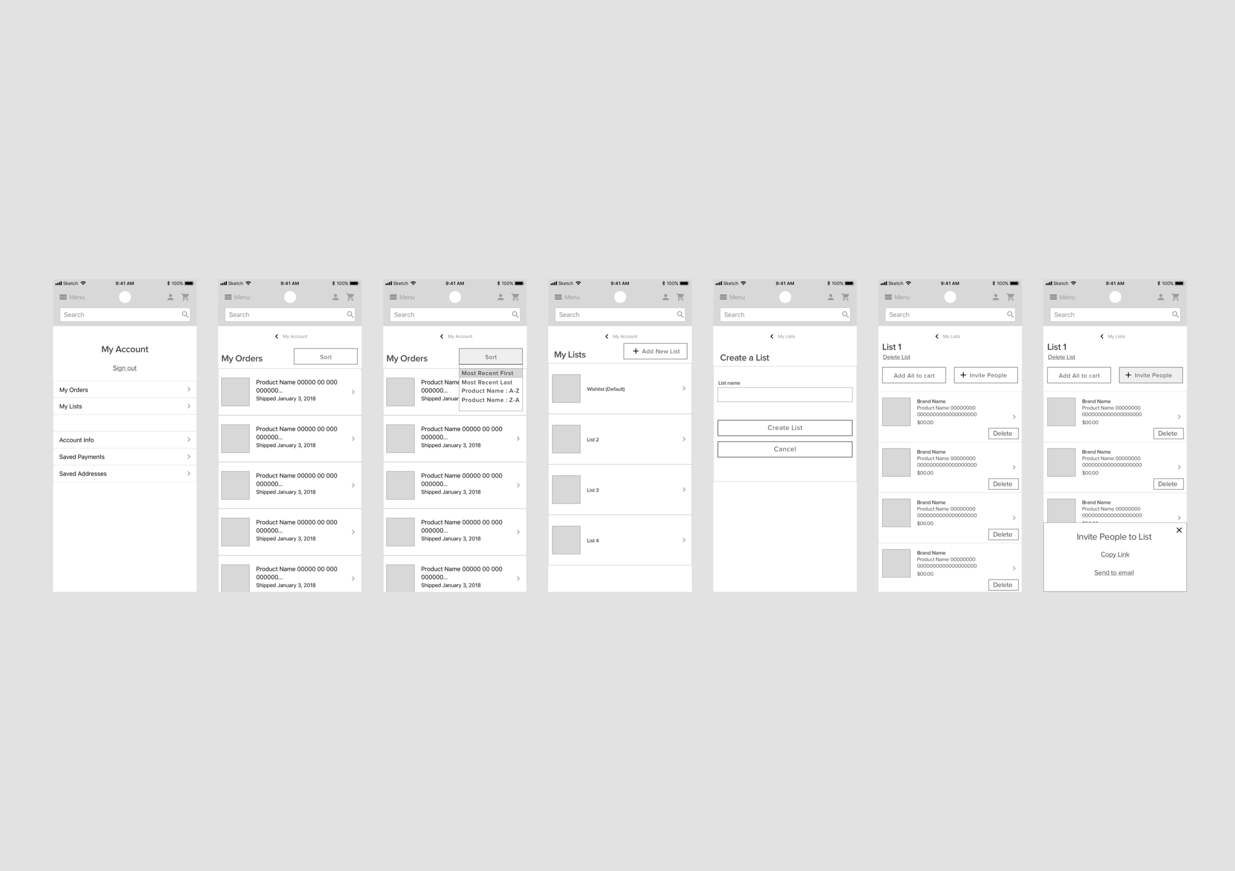 Mobile wireframes for My Account (recent orders & create list)
