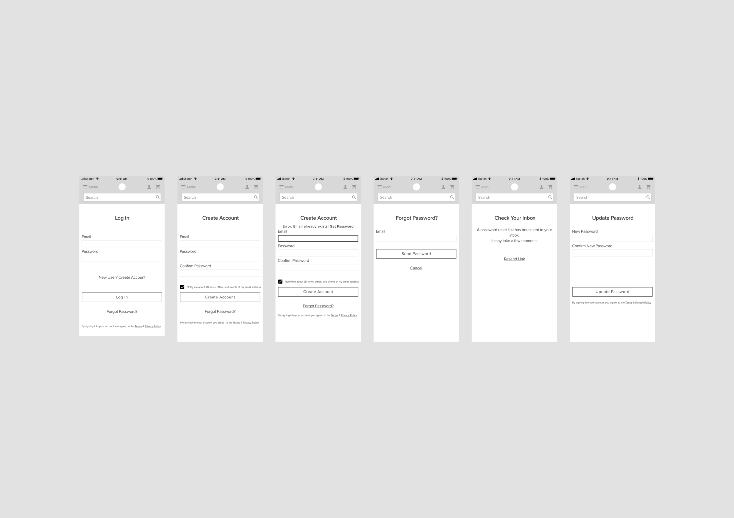 Mobile wireframes for Log-In.