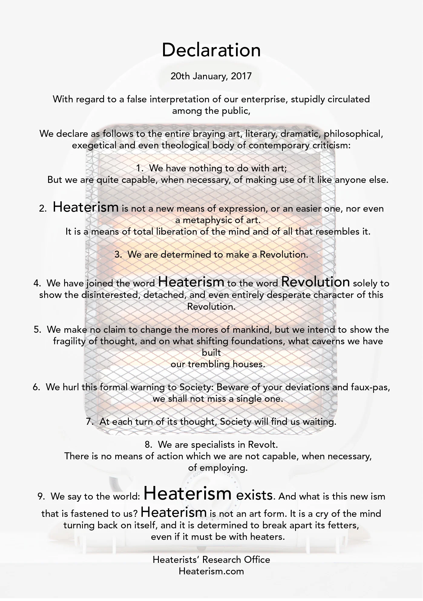 Heaterist Declaration, Ralf Pflugfelder, 2017.