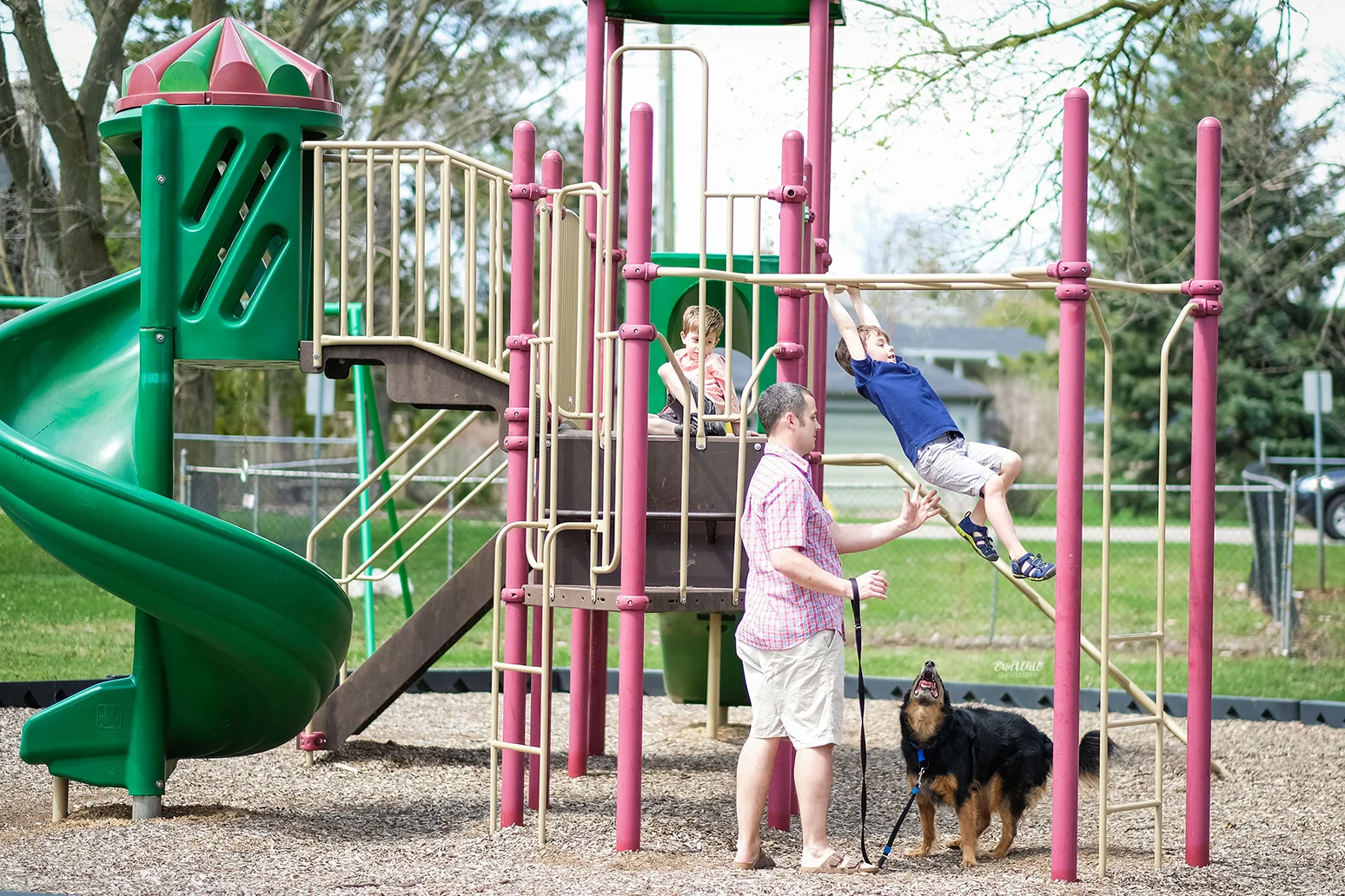 Two young boys playing on a playground while Dad supervises with pet dog outside on a sunny day Family photography Kitchener-Waterloo