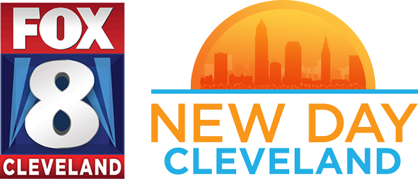 Logo for FOX 8 Cleveland news station featuring the text 'New Day Cleveland' with a city skyline and sunrise in the background.