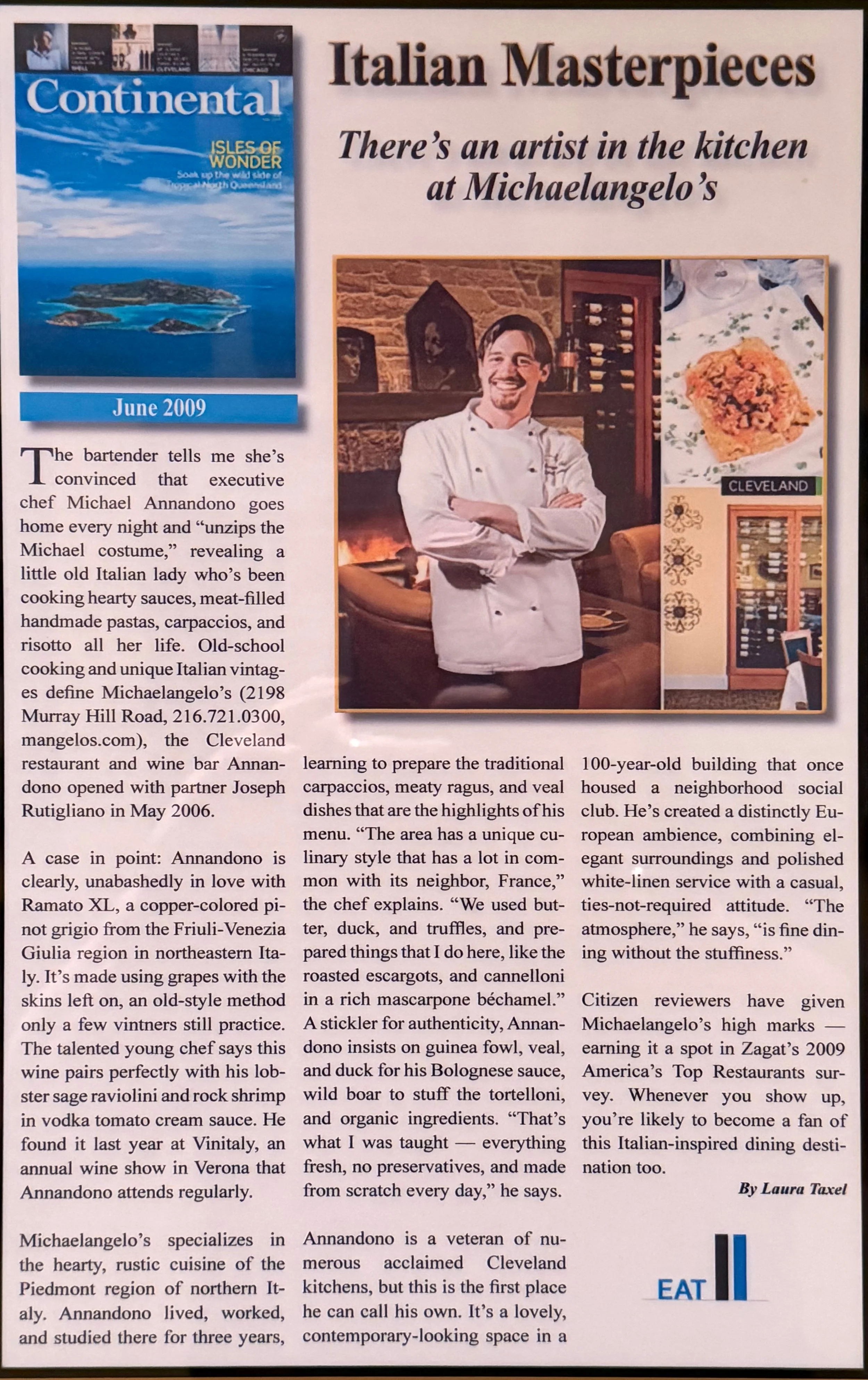 A magazine page featuring an article about an Italian chef named Michael Angelo. The page includes a cover image of a blue Mediterranean island with the title 'Continental June 2009' and several smaller images, including a picture of a chef in a kitchen, a dish labeled 'Cleveland,' and a wine rack. The article discusses the chef's background, culinary style, and restaurant in Cleveland.