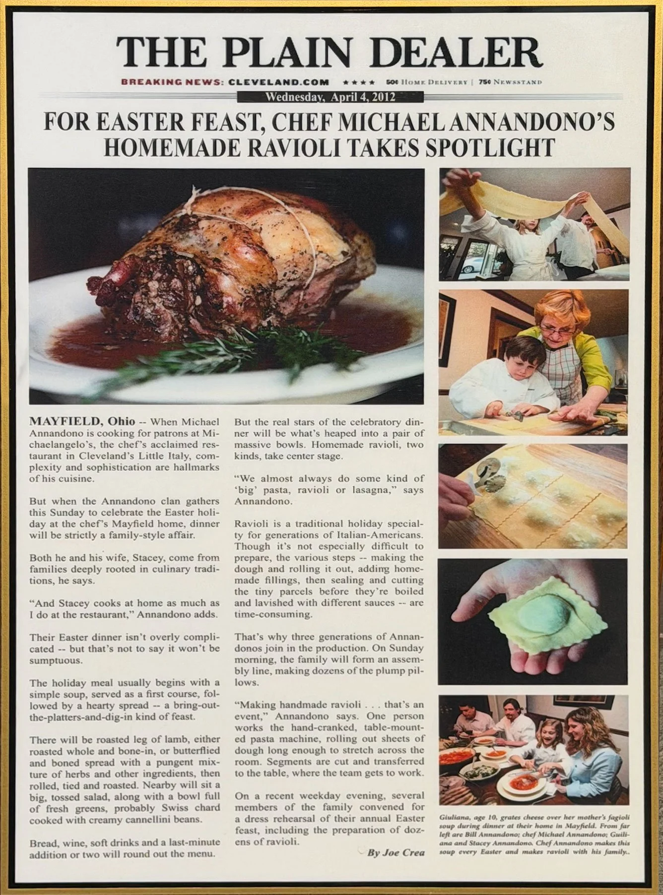 'The Plain Dealer' from April 4, 2012, featuring a large photo of a cooked lamb's leg with rosemary, and smaller photos showing people making ravioli and children at dinner.