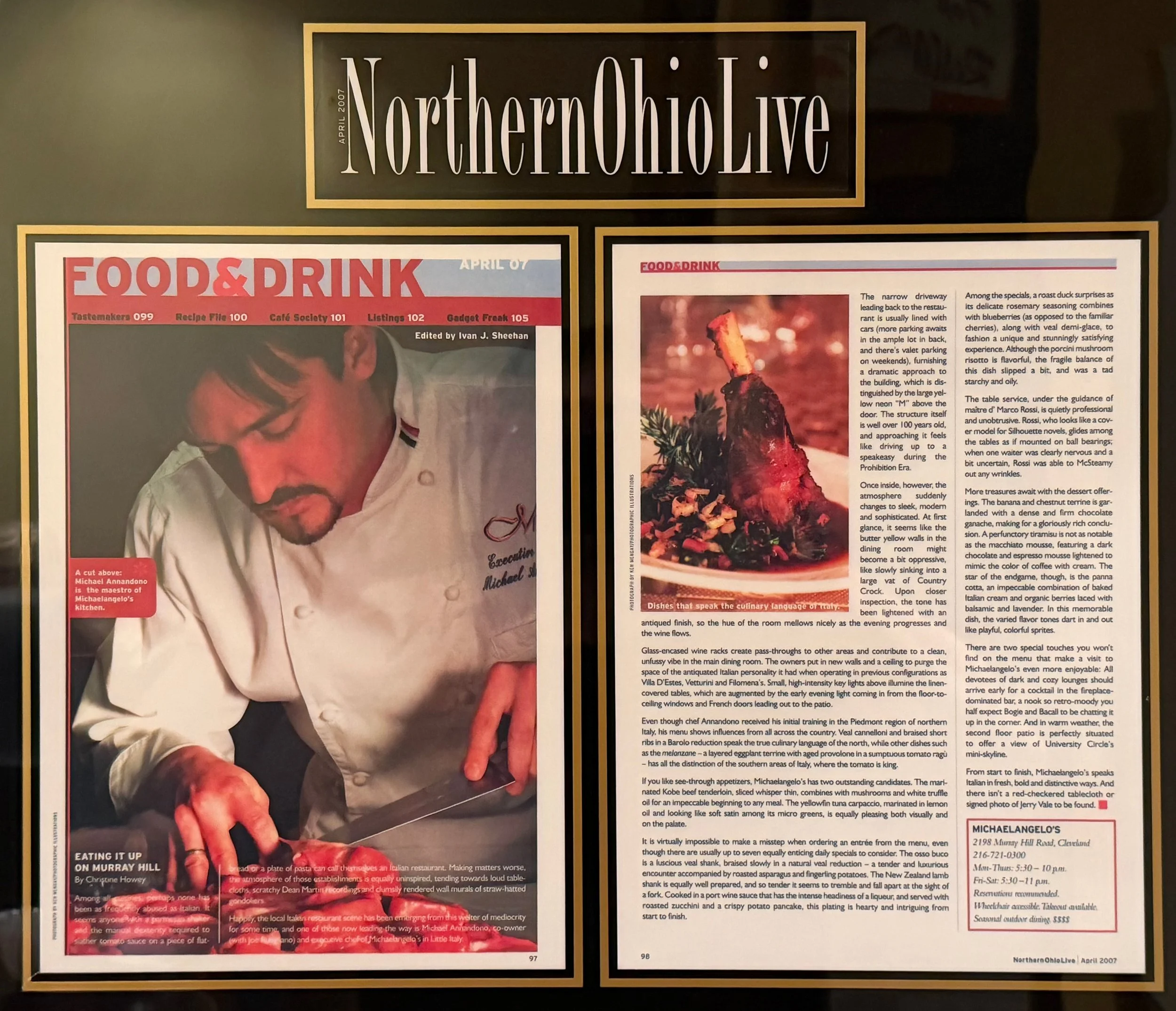 Display of a magazine page featuring NorthperOhioLive, including a chef preparing food, and an article about culinary experiences and dishes.