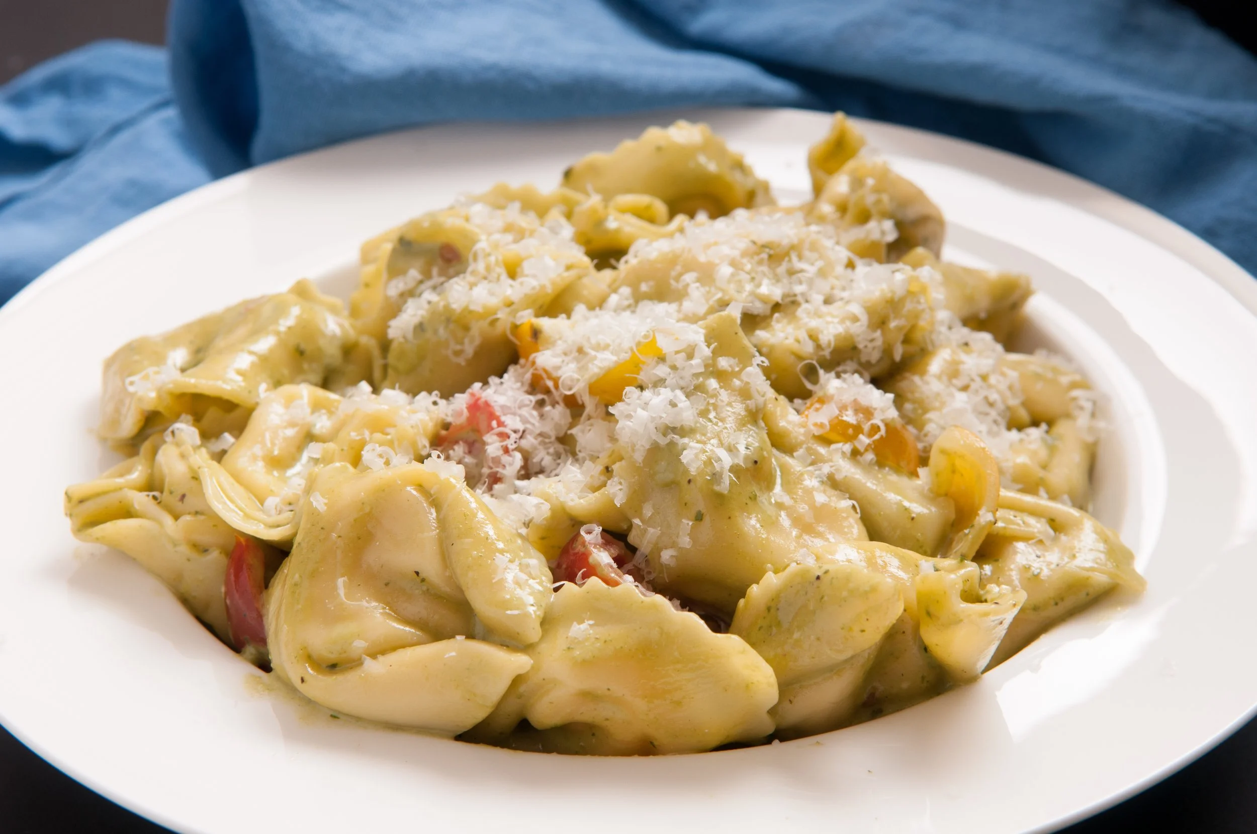 A white plate of creamy pasta with shredded cheese on top, with a blue cloth in the background.